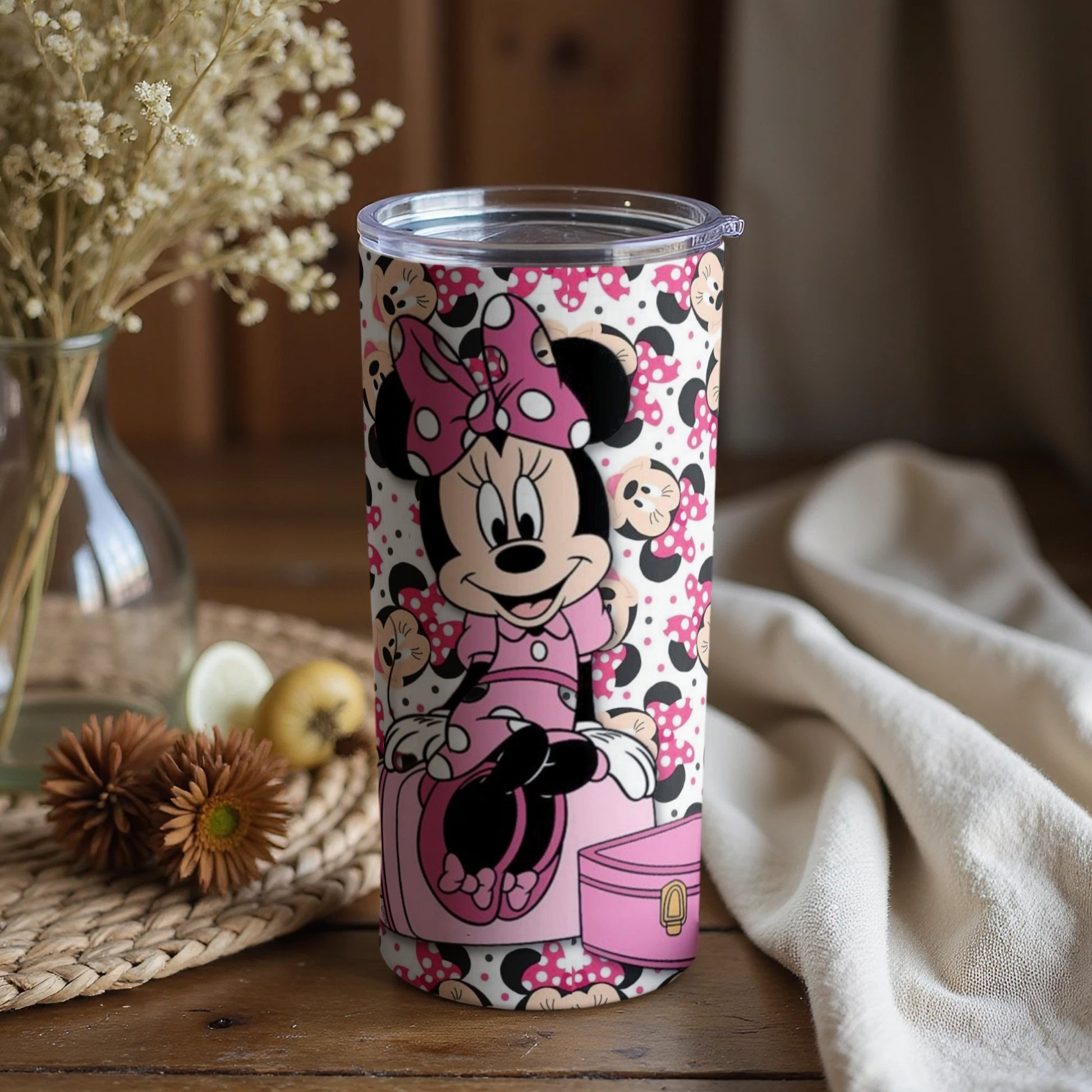 Minnie Mouse Pink Travel Tumbler with Floral Decor