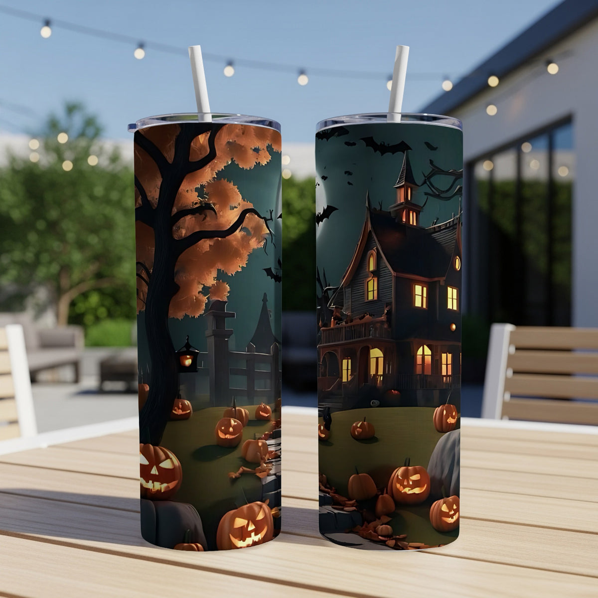Two tumblers with Halloween designs featuring a haunted house, pumpkins, and bats.