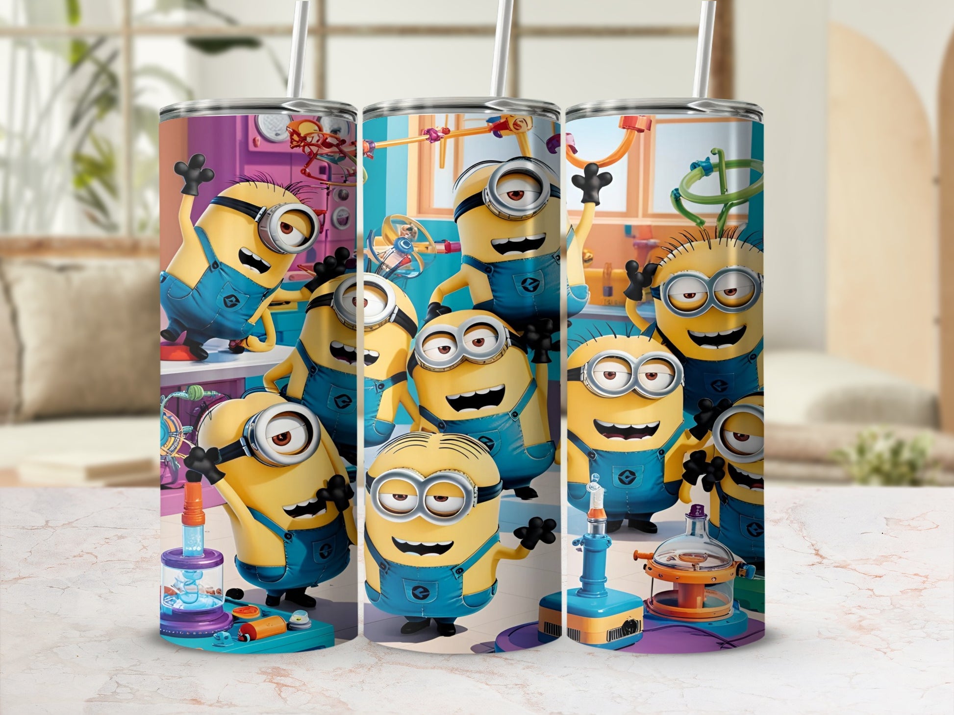 Minions in overalls gathered around scientific equipment.