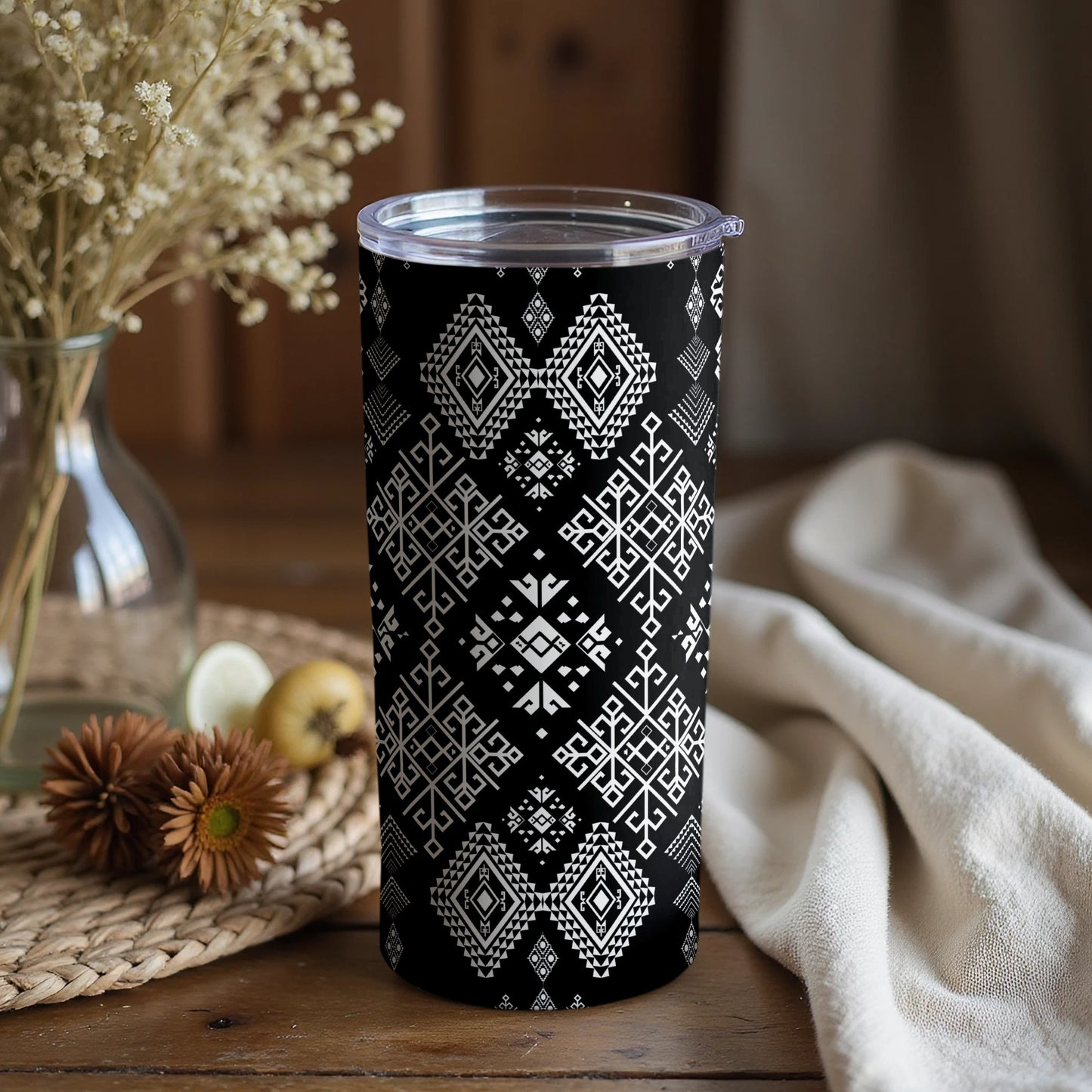 Intricate Black and White Geometric Pattern Tumbler