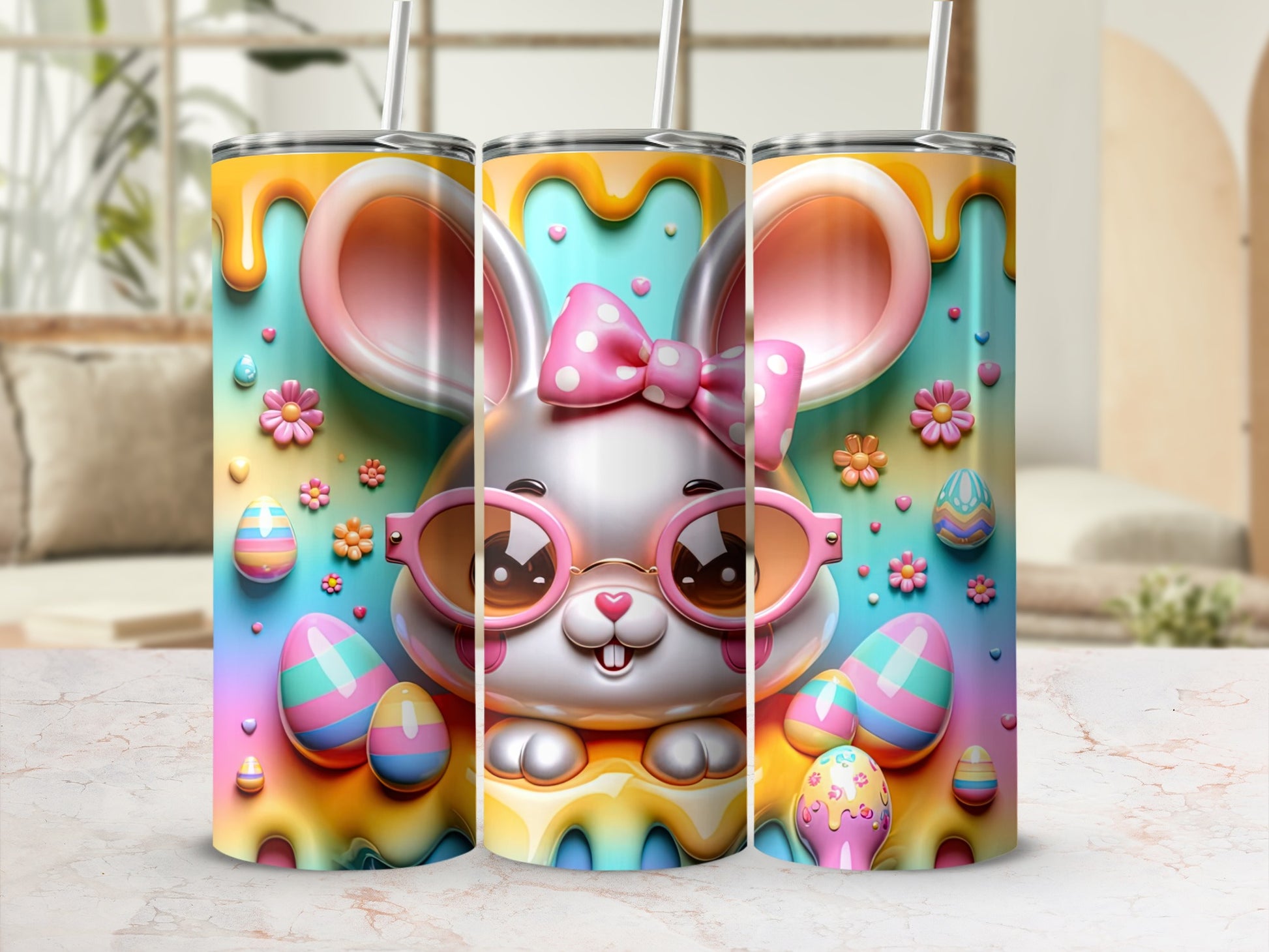 Three colorful bunny tumblers with Easter egg and flower designs.