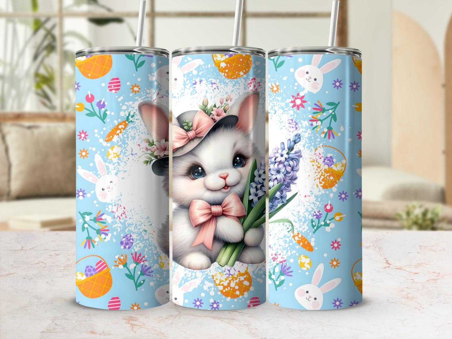 Cute Easter Bunny with Flowers Tumbler 20 oz Cup