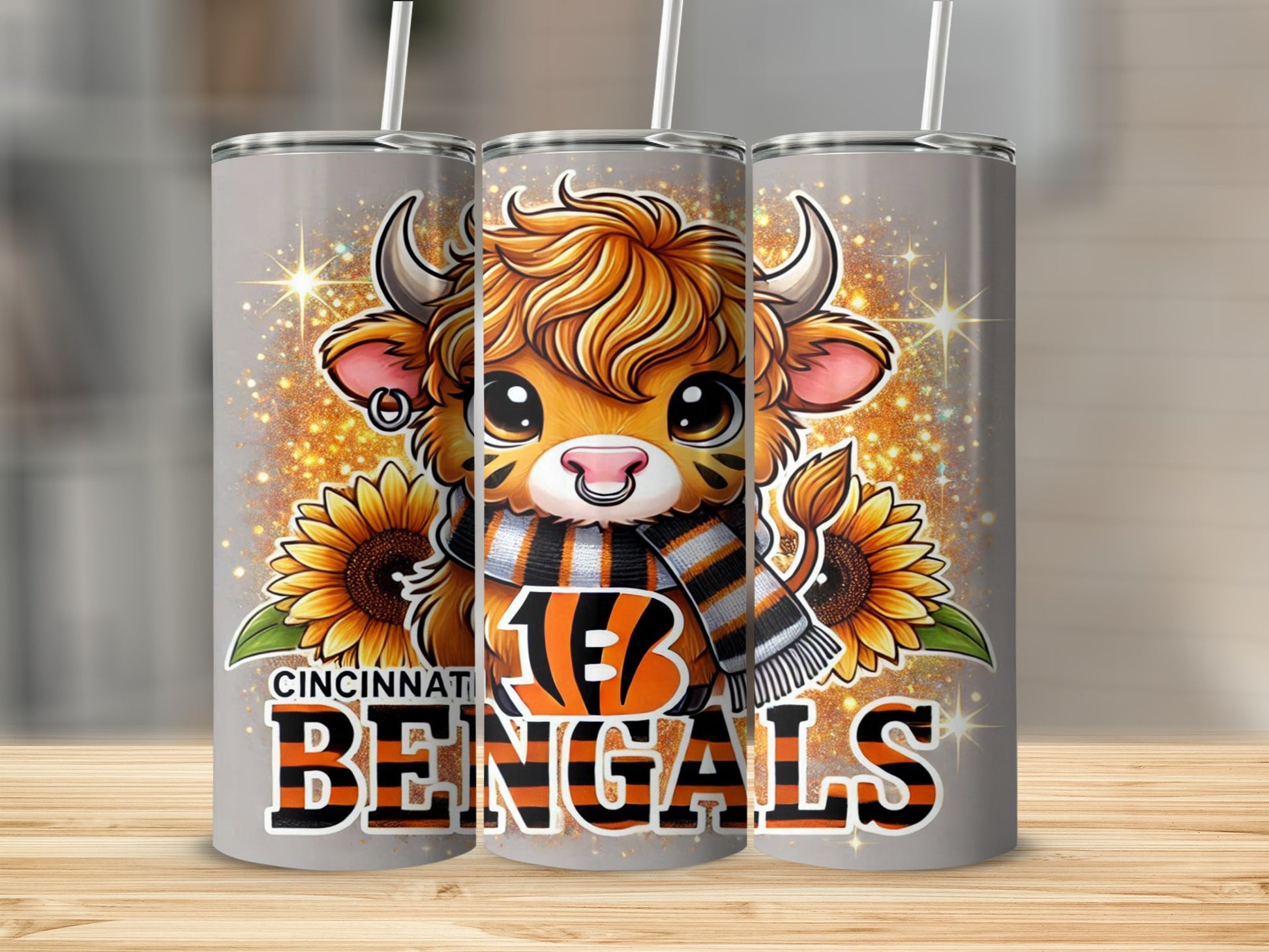 Cincinnati Bengals bull mascot with sunflowers and glitter.