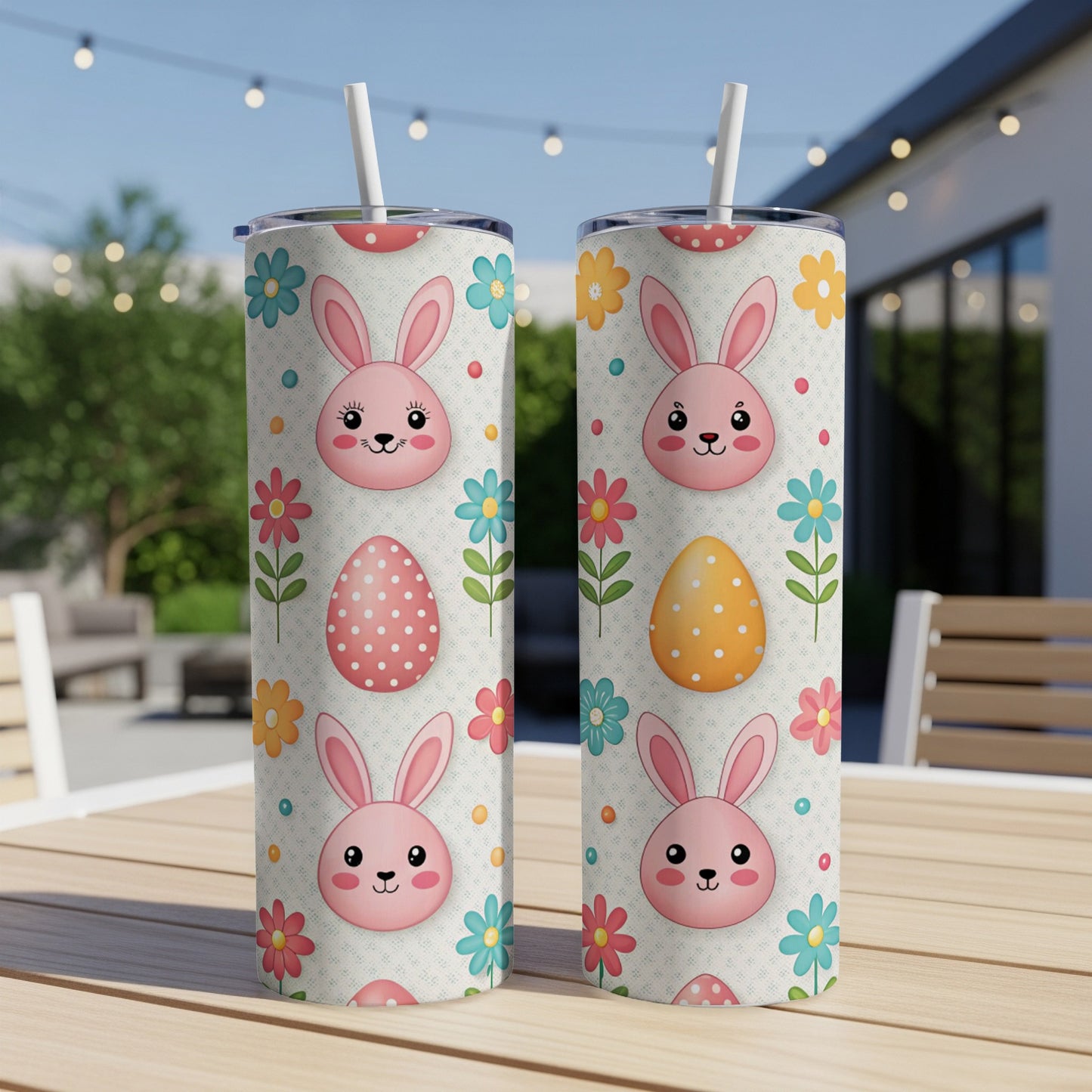 Two pink Easter bunny tumblers with eggs and flowers pattern.