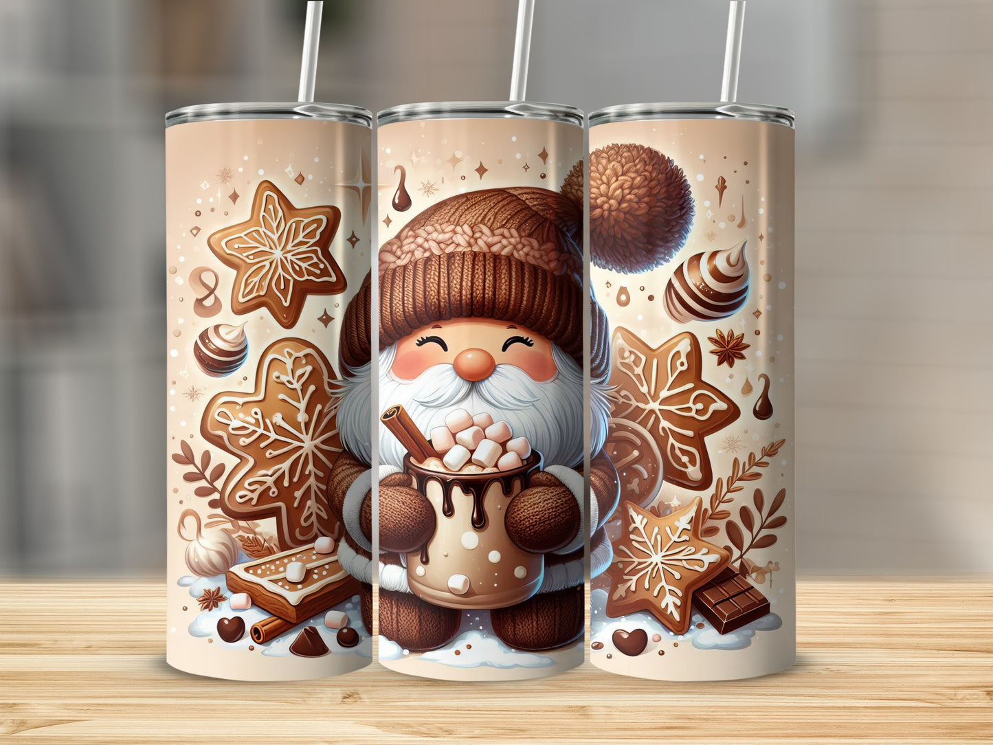 Santa Claus holding hot chocolate with marshmallows, surrounded by gingerbread cookies.