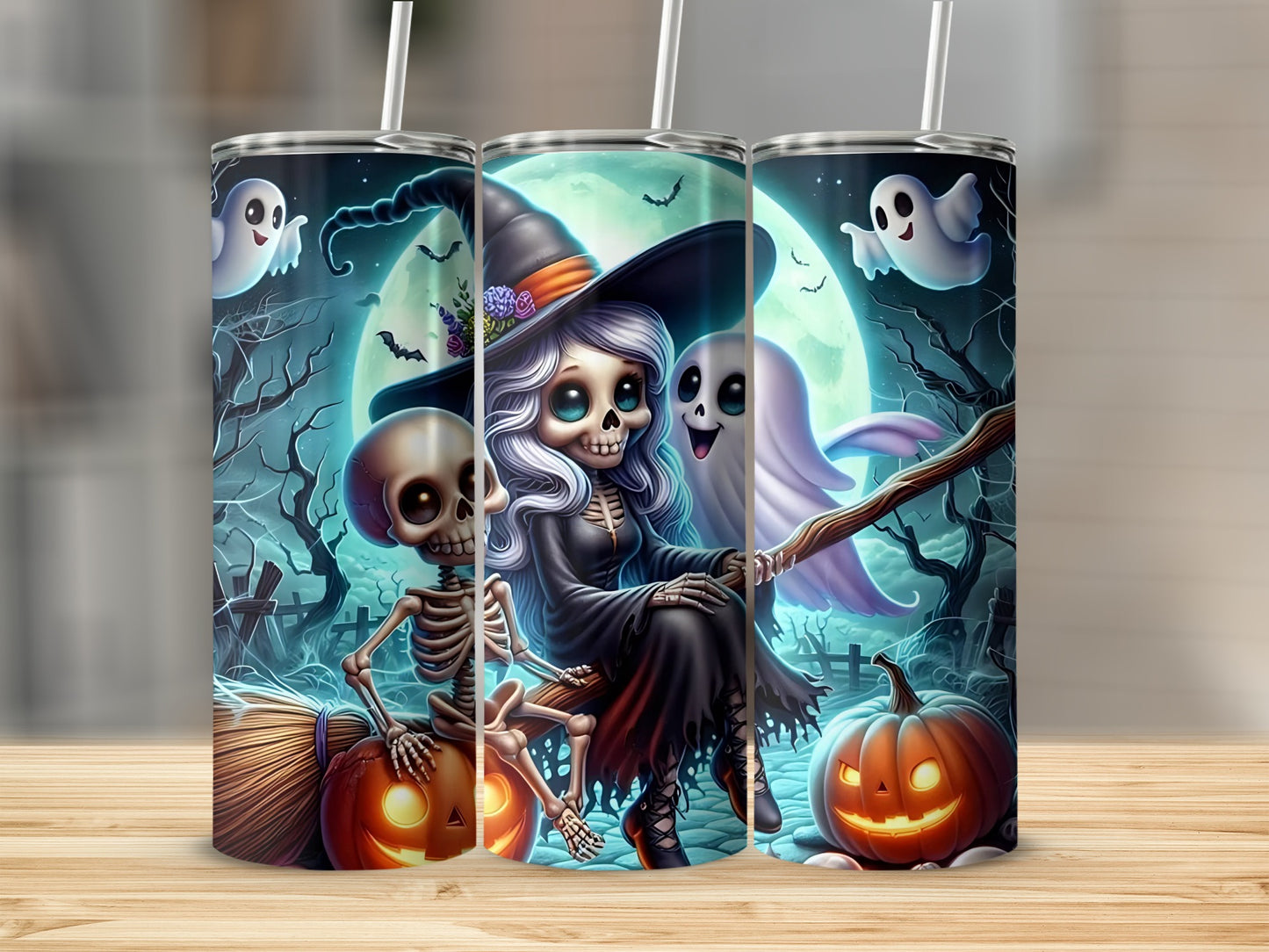 Halloween tumblers feature a skeleton, witch, and ghosts on a spooky moonlit background.