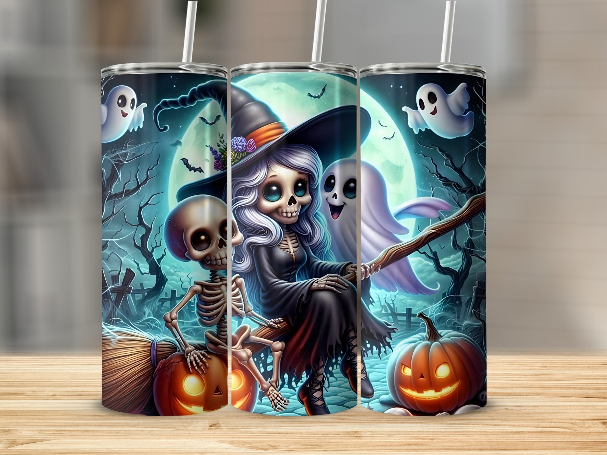 Halloween tumblers feature a skeleton, witch, and ghosts on a spooky moonlit background.