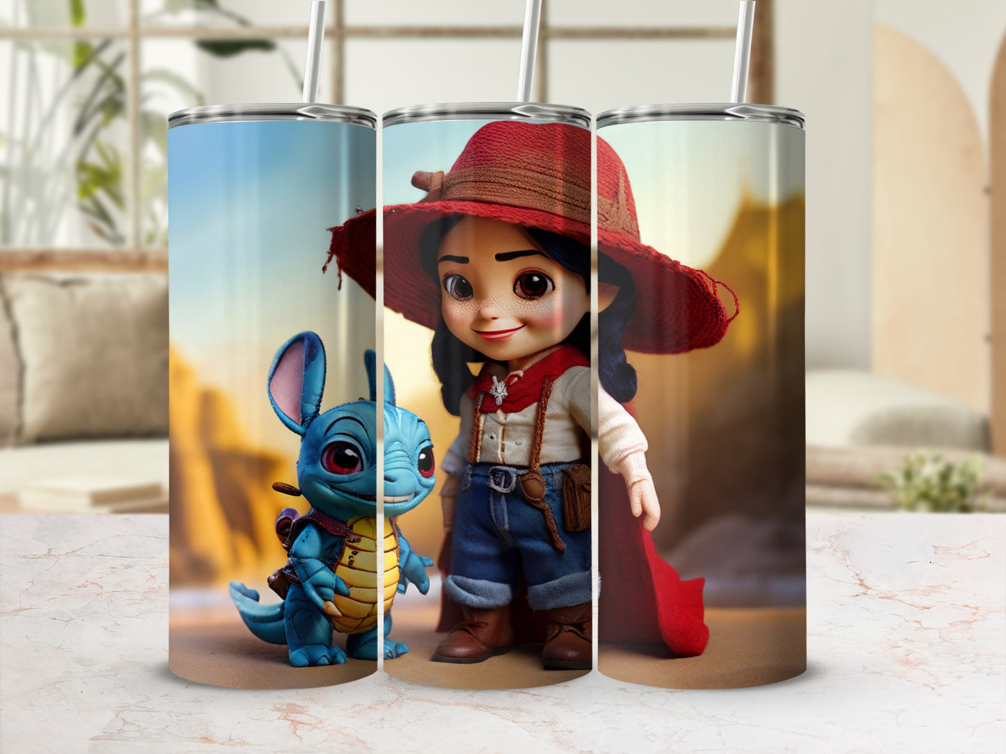 Two cartoon characters, a blue dragon and a girl in a red cape and hat.