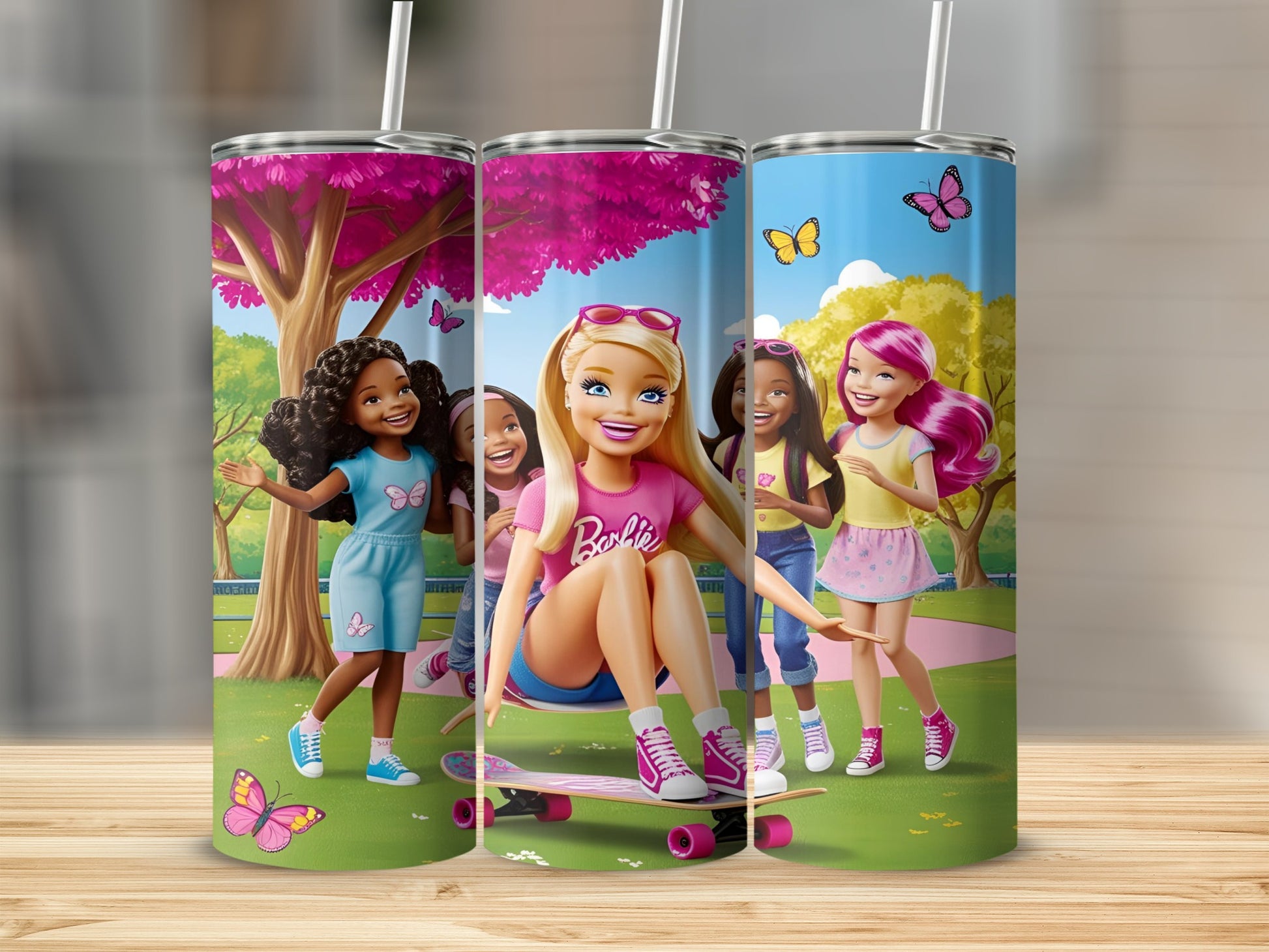 Barbie and friends on skateboards in a park with butterflies.