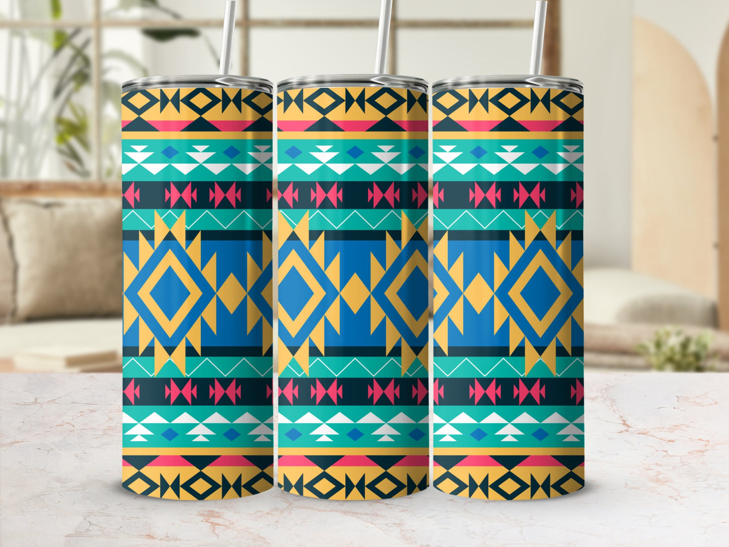 Vibrant Geometric Aztec Patterned Tumbler