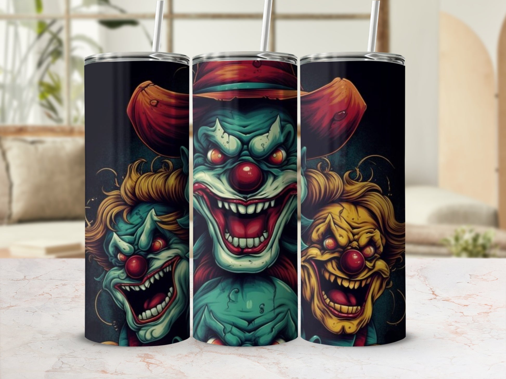 Creepy Evil Clown Art Design on Tall Drink Tumblers