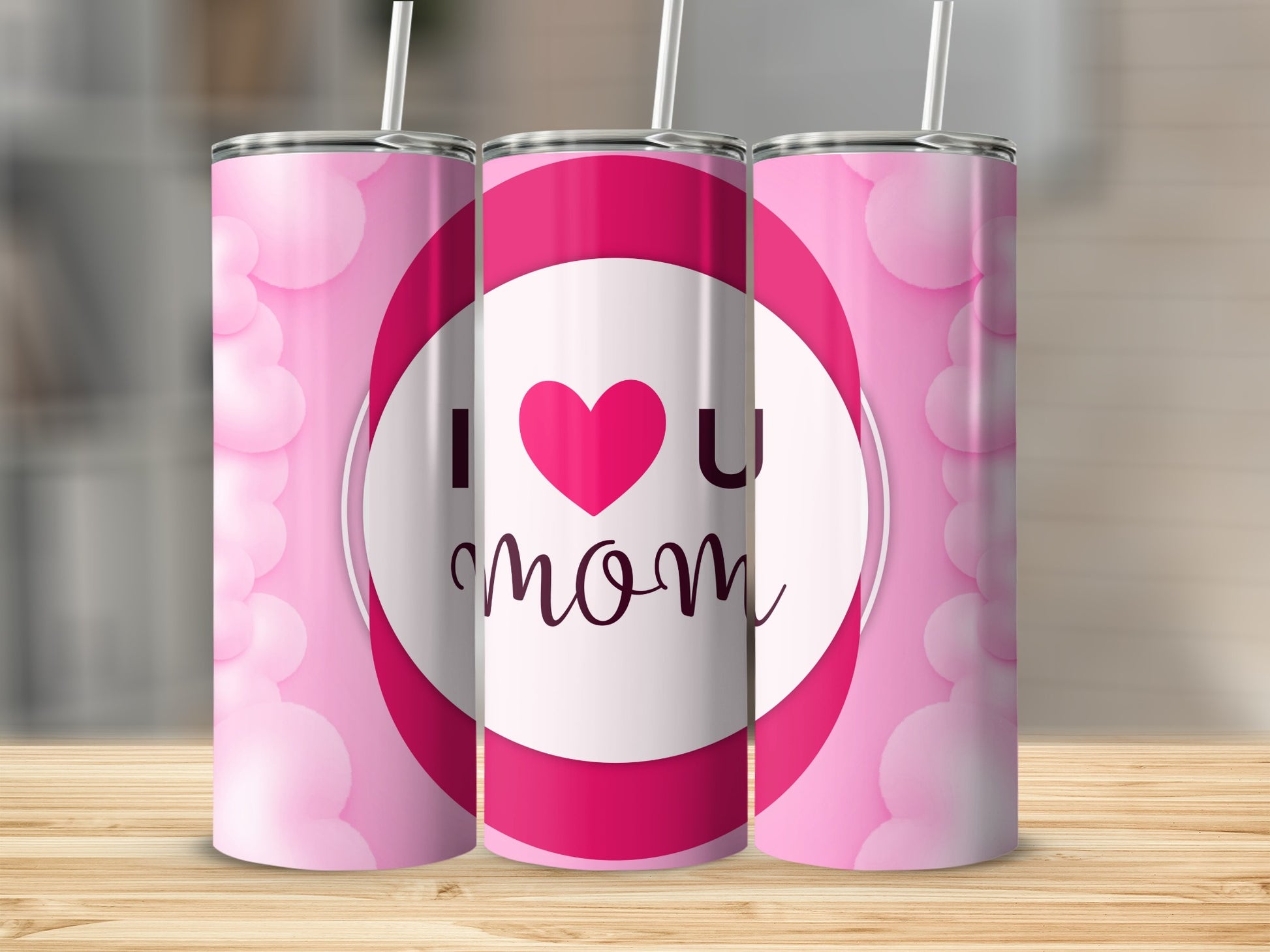 I Love Mom Pink and White Heart Design Tumbler