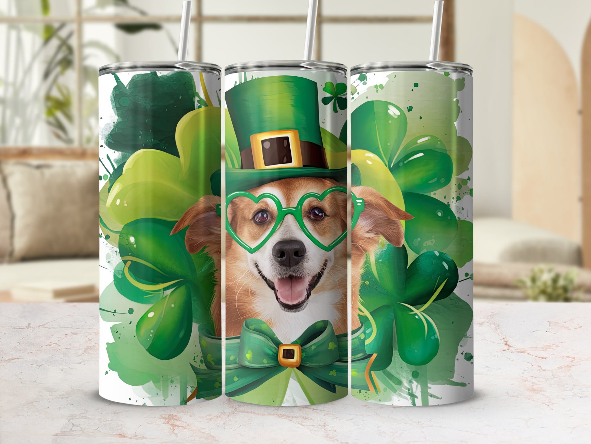 Dog wearing a St. Patrick's Day hat and heart-shaped glasses.