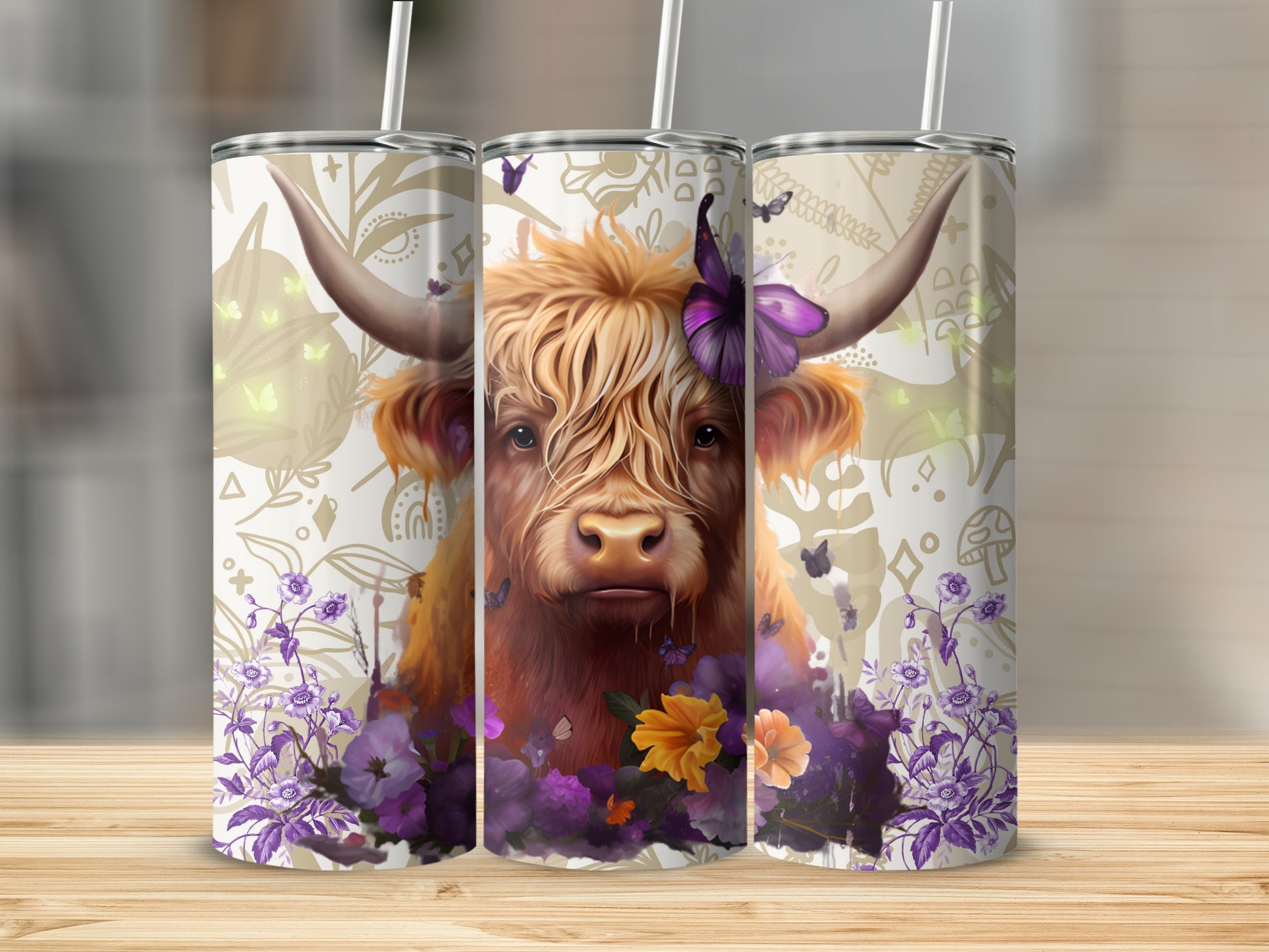 Highland Cow Floral Design Tumbler with Butterfly Accents