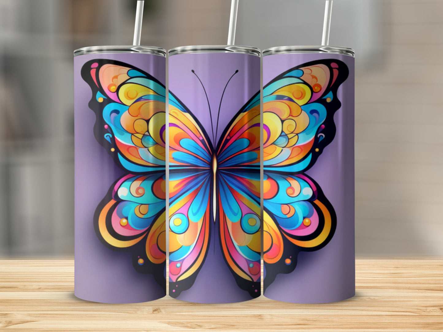 Three purple tumblers with colorful butterfly designs.