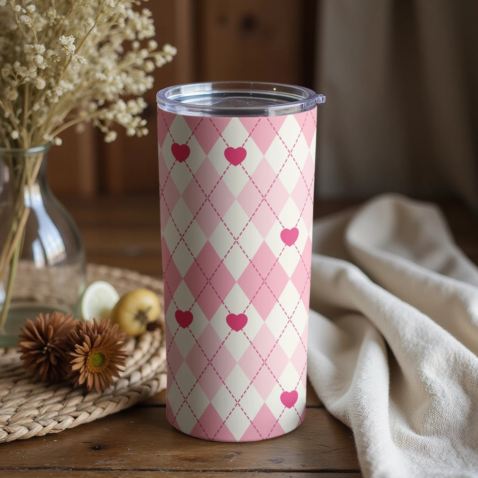 Pink and White Argyle Tumbler with Hearts Pattern