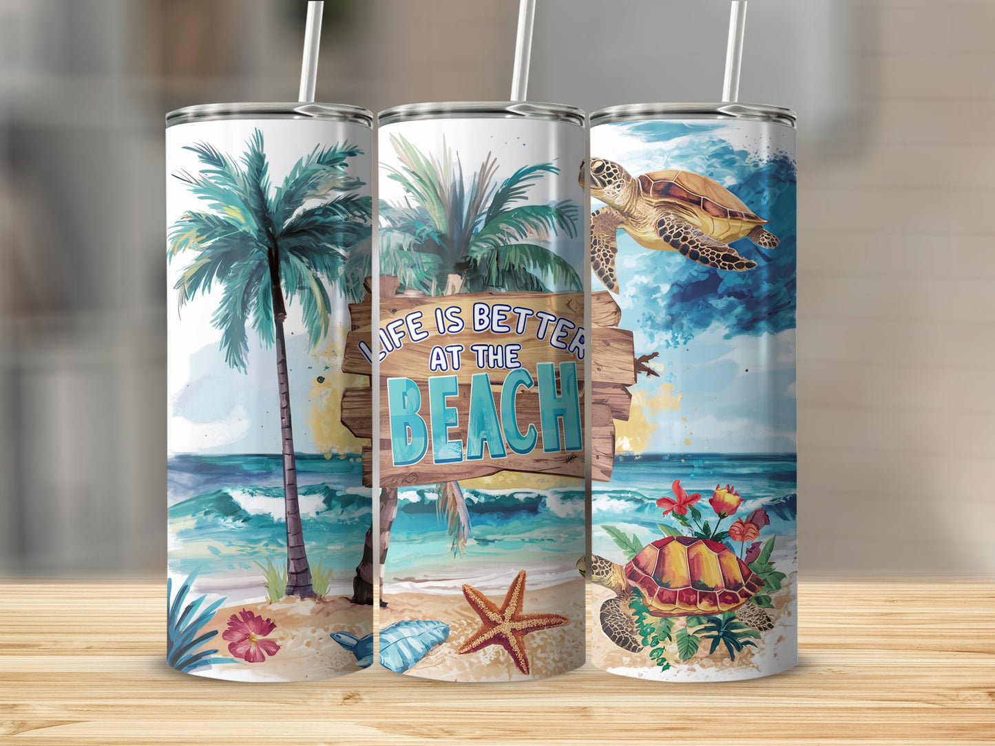 Three tumblers with beach scene, turtle, palm tree, and text.