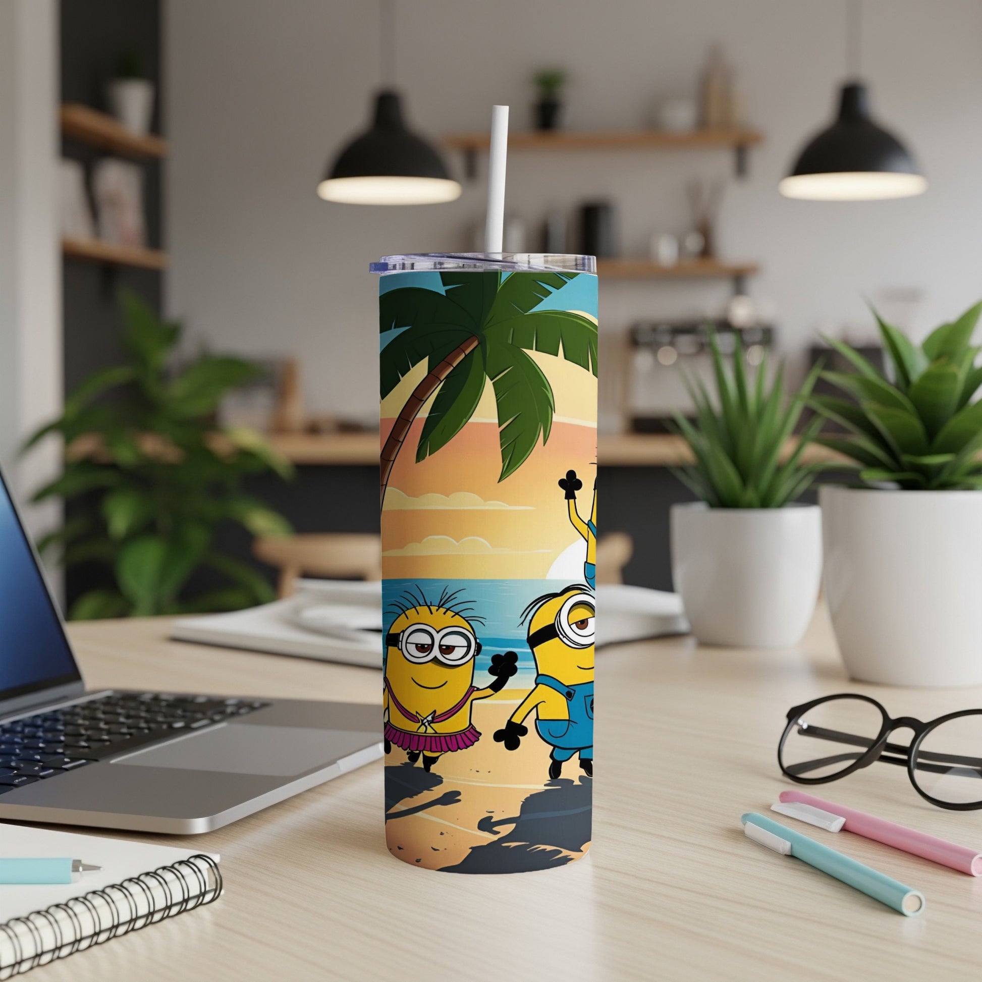 Minions on a beach at sunset with palm trees, on a stainless steel tumbler.