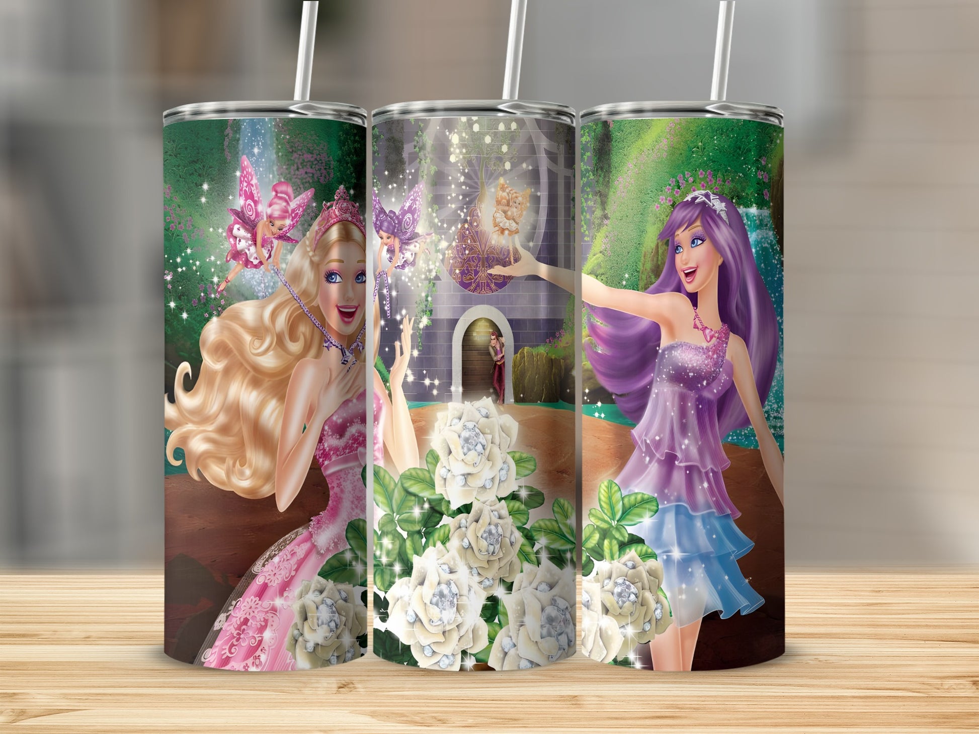 Barbie dolls in sparkly dresses with white roses and a castle in background.