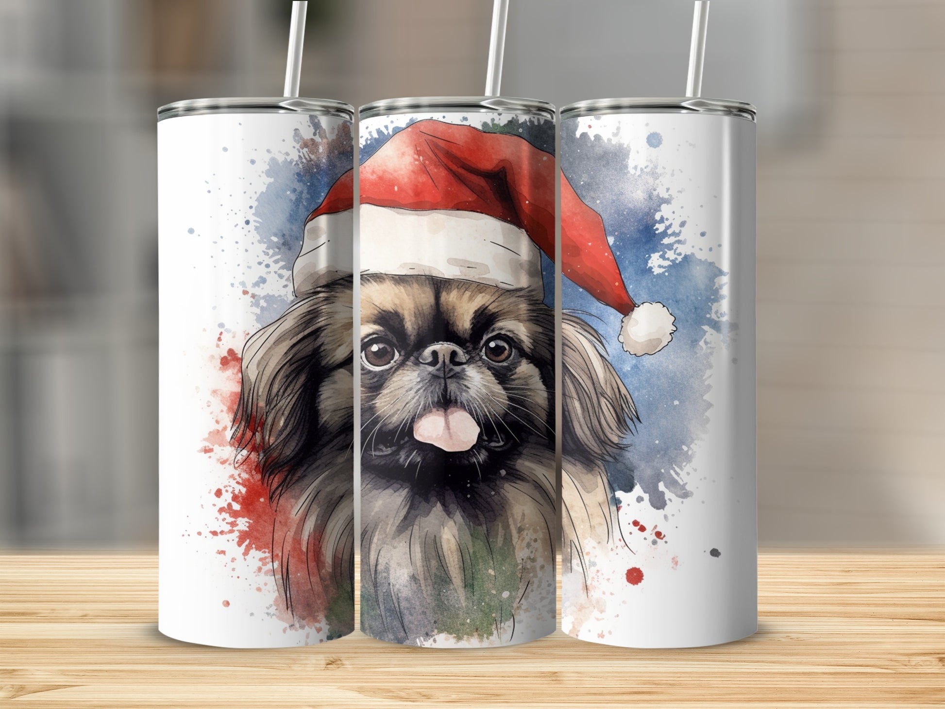 Christmas Pekingese dog wearing Santa hat with watercolor splashes.