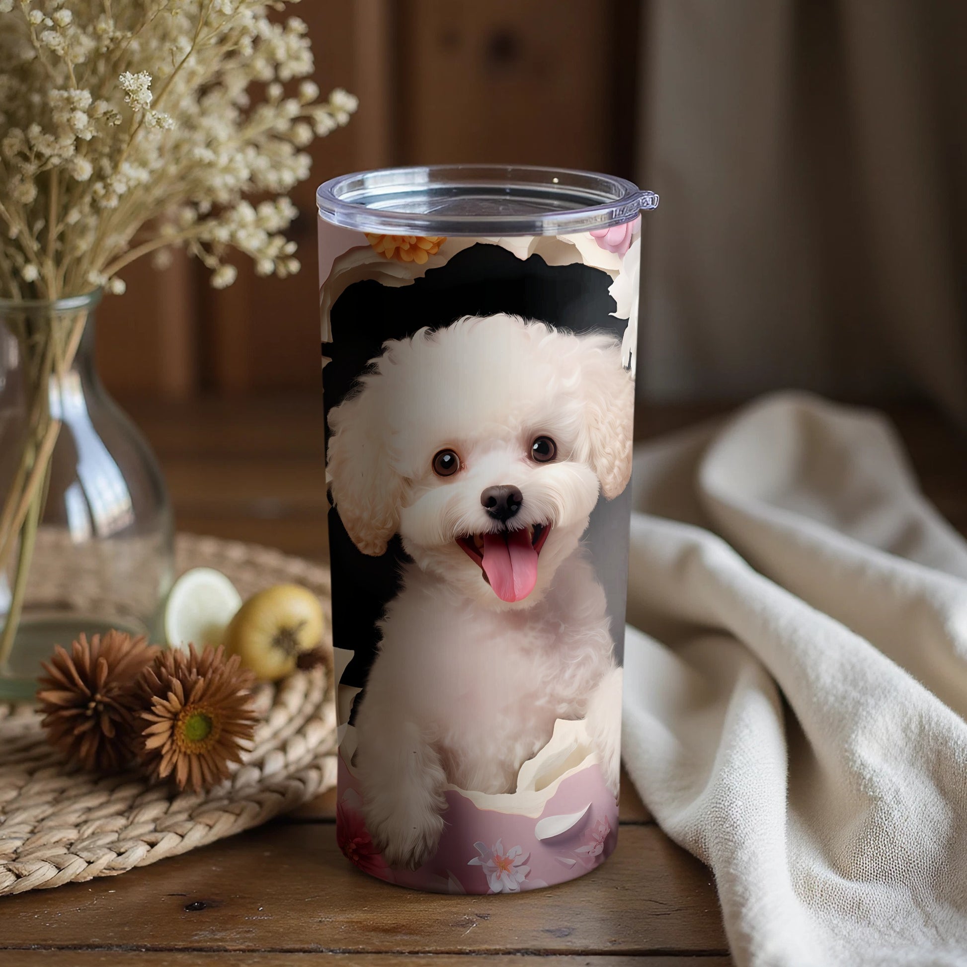 Smiling White Fluffy Puppy Dog Floral Tumbler product type
Tumbler, Dog, Puppy, White Dog, Fluffy Dog, Cute Dog, Happy Dog, Smiling Dog, Bichon Frise, Poodle, Pet Lover Gift, Floral Dog Design, Animal Print, Drink Cup, Travel Mug, Dog Parent, Adorable Pet, Puppy Art, Unique Tumbler, Custom Design