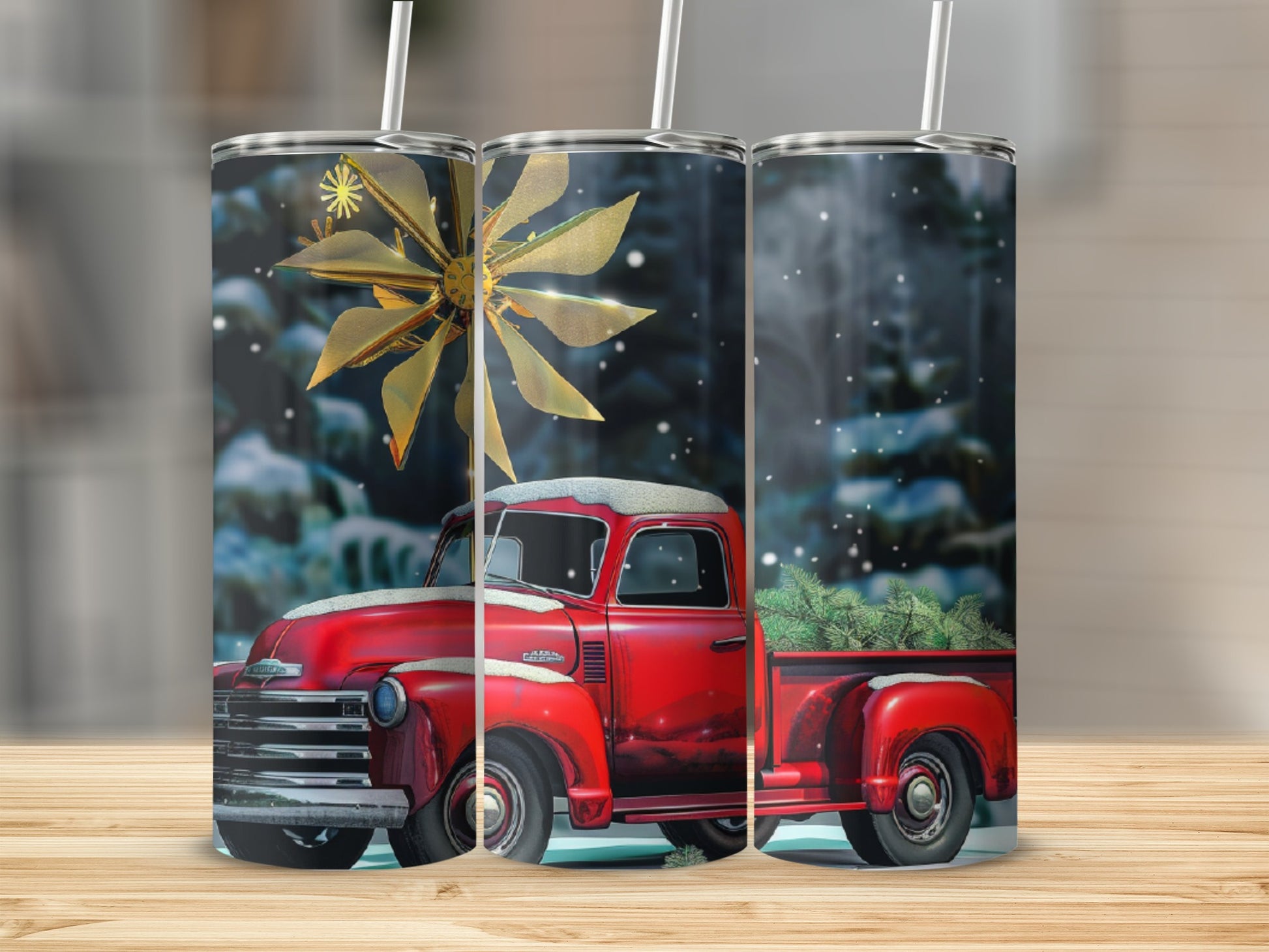 Red vintage truck with Christmas tree in snowy woods.
