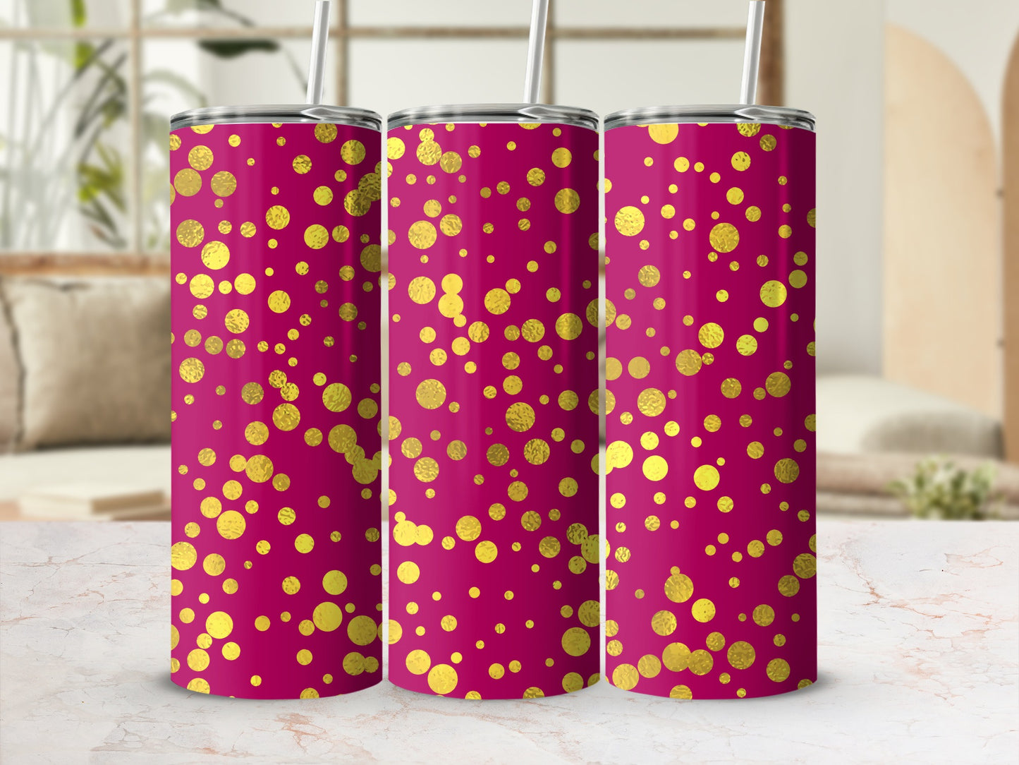 Three vibrant pink tumblers with a scattered pattern of textured gold circles and straws.
