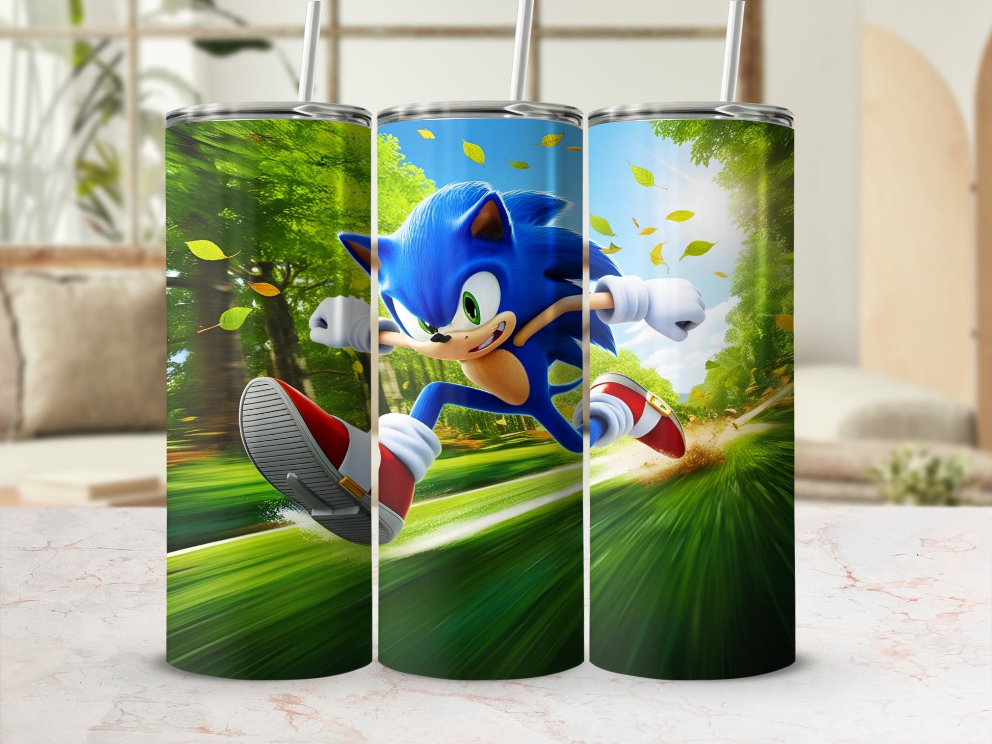 Sonic the Hedgehog in action on a green blurred background.