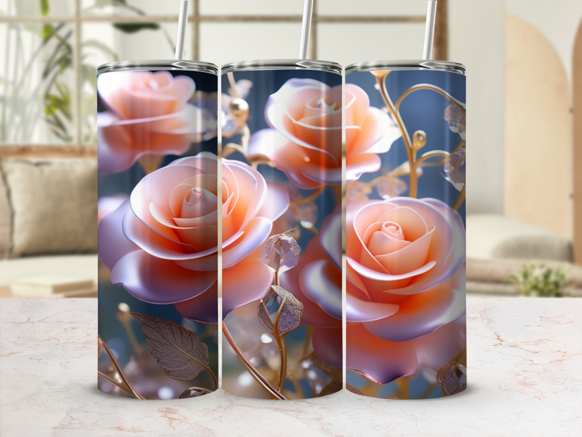 Three tumblers with a detailed rose and leaf design.