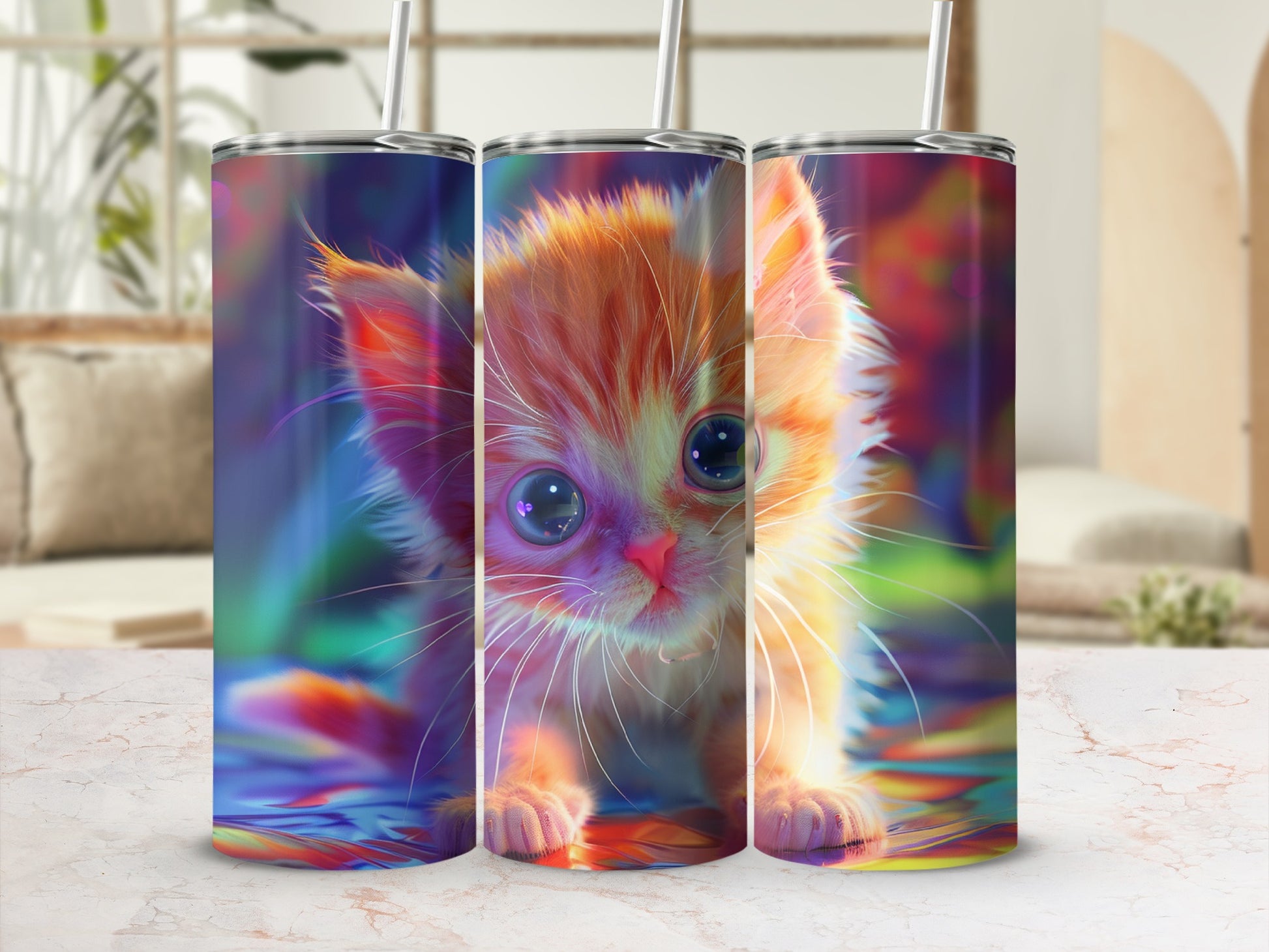 Cute kitten with large eyes on a colorful, reflective surface.