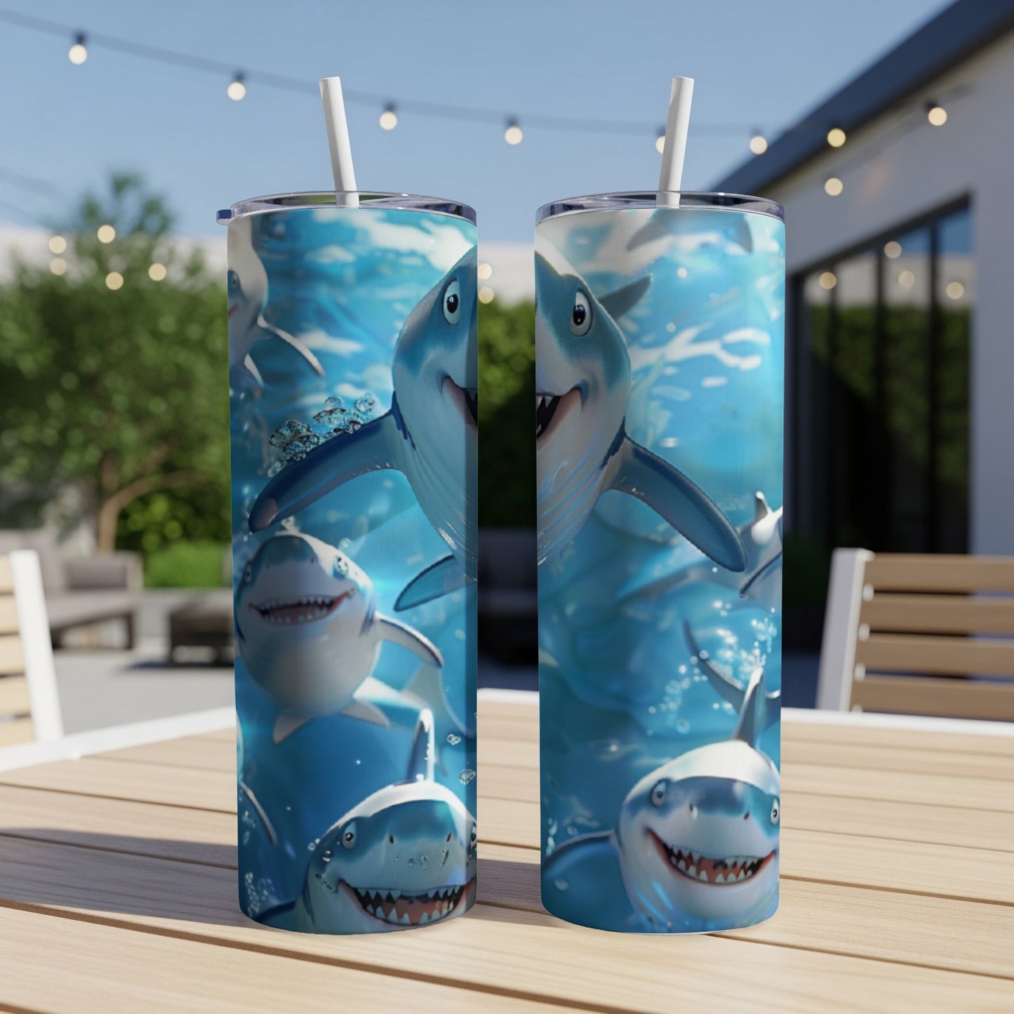 Two tumblers with cartoon sharks and bubbles on a wooden table outdoors.