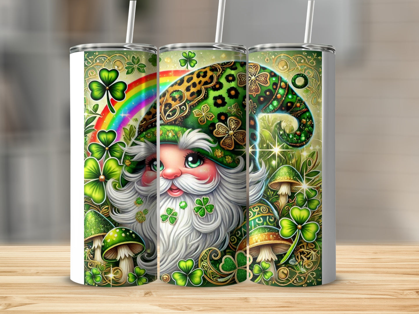 St. Patrick's Day gnome with rainbow, shamrocks, and mushrooms.