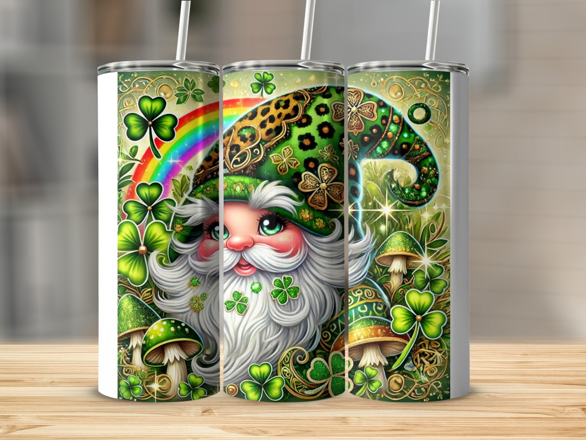St. Patrick's Day gnome with rainbow, shamrocks, and mushrooms.