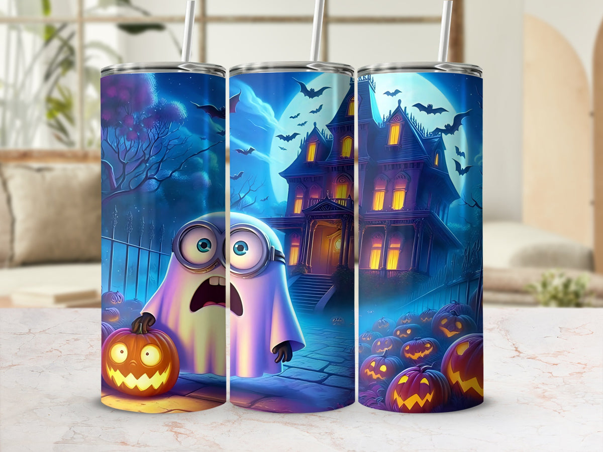 Tumblers featuring a Minion dressed as a ghost, haunted house, and pumpkins.