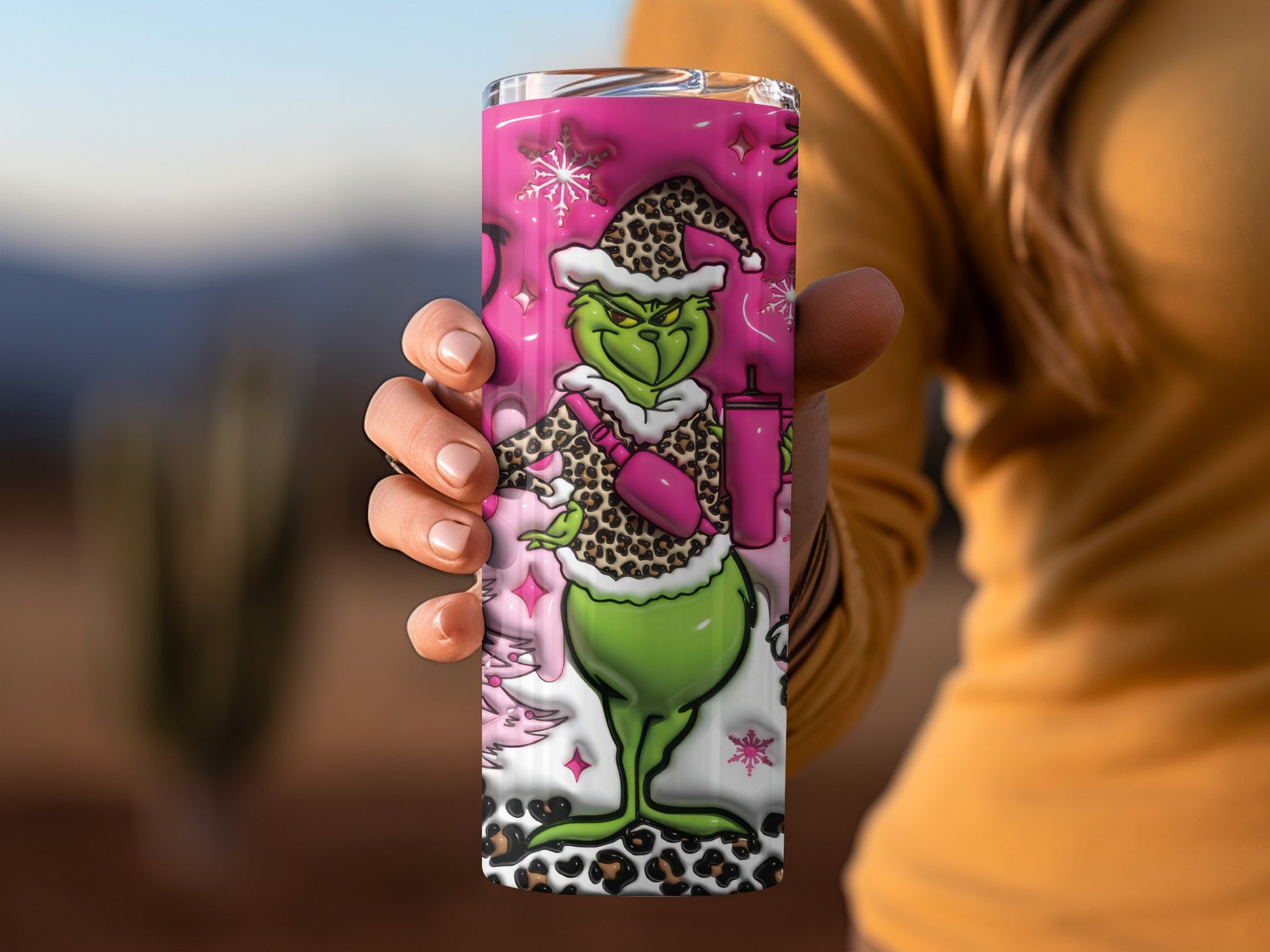 Pink Grinch Leopard Hat Holiday Drink Container Cup