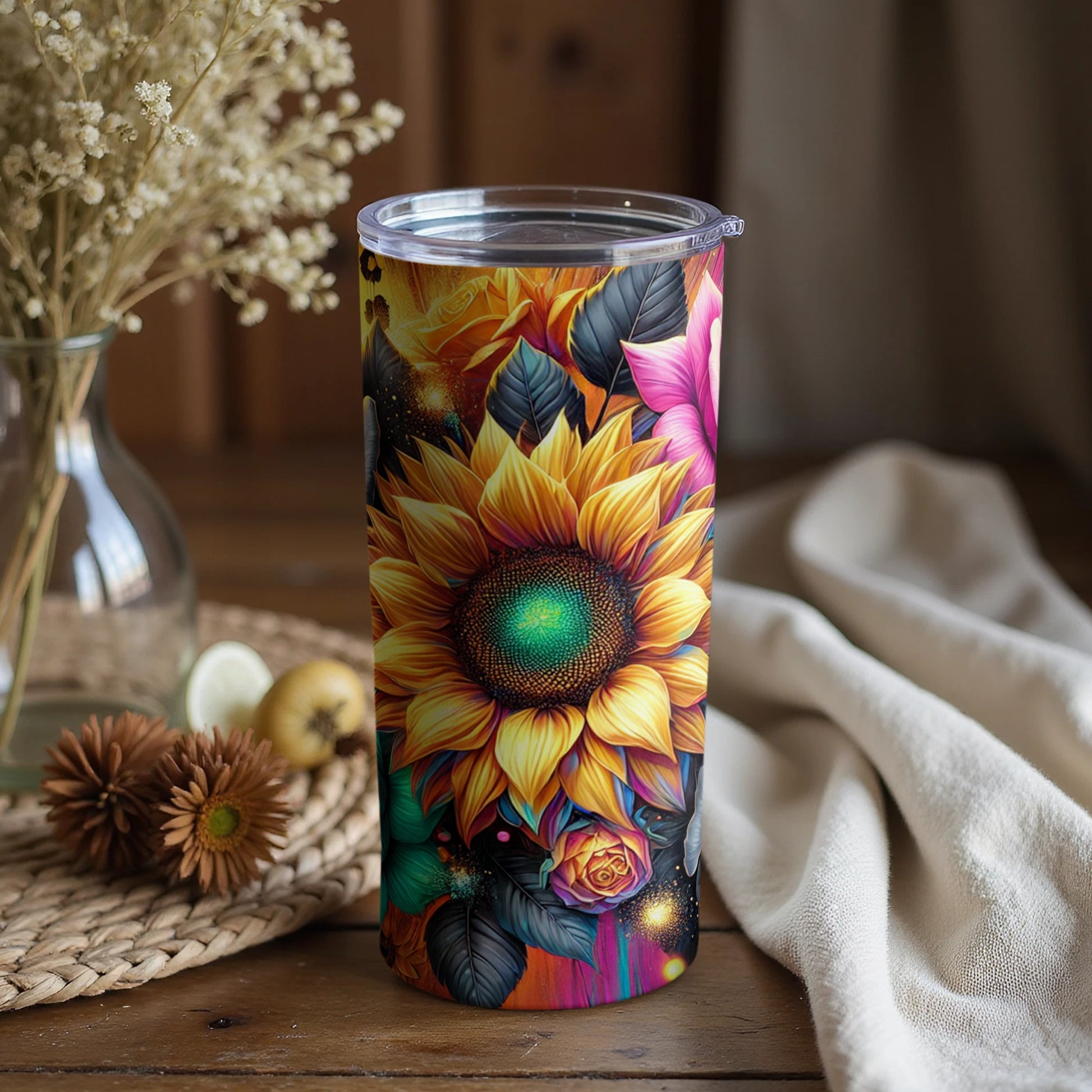 Vibrant Sunflower and Floral Design Insulated Tumbler