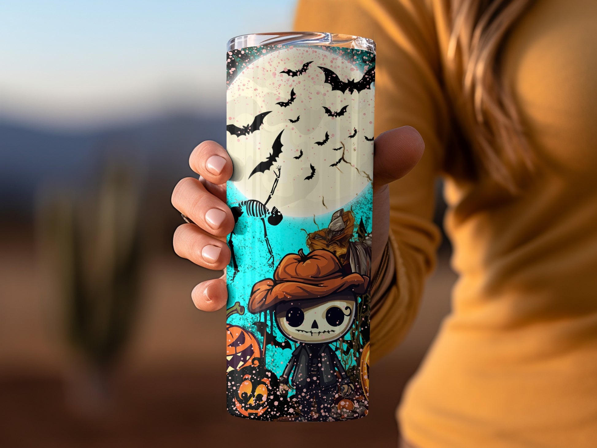 Cute Halloween Tumbler with Bats and Pumpkin Design