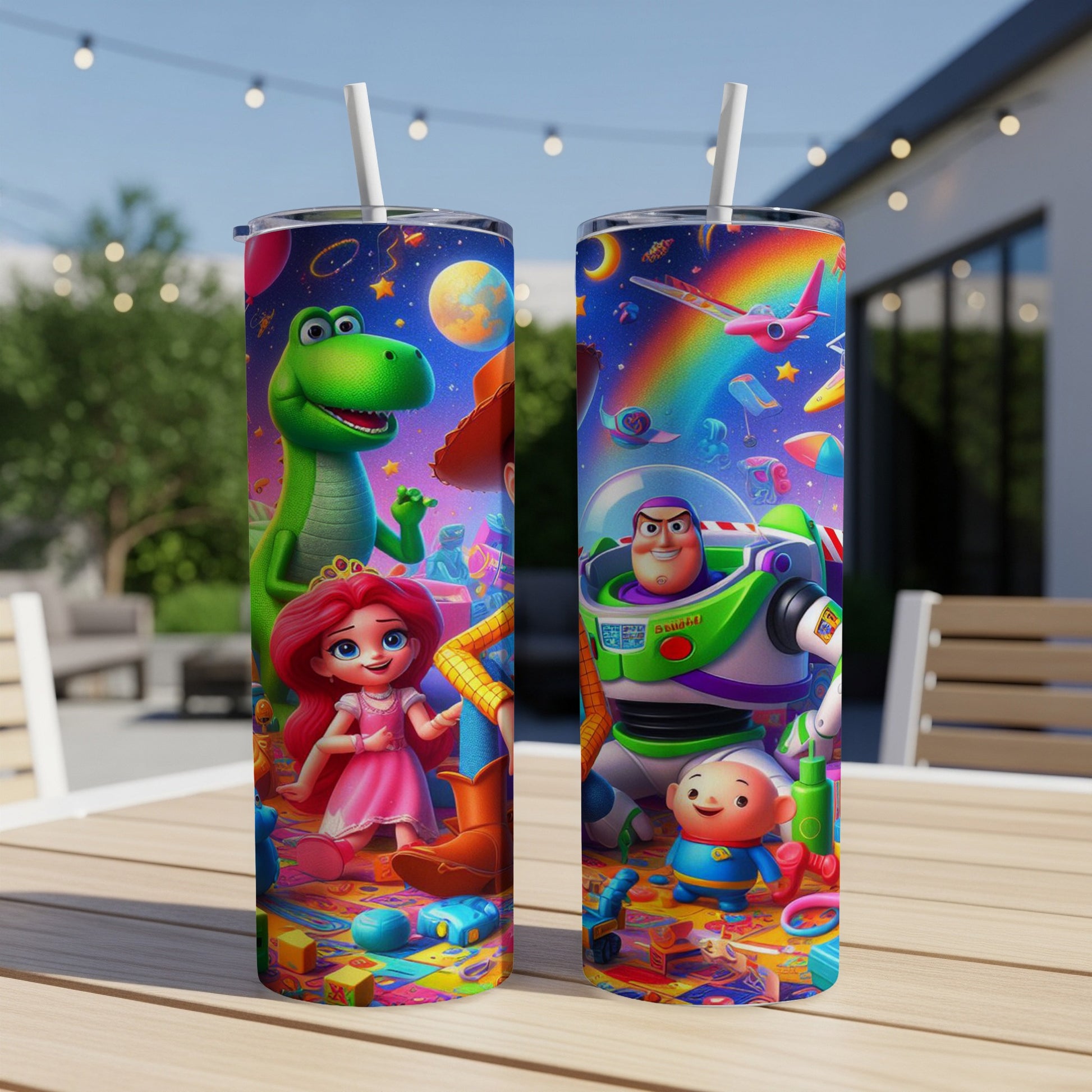 Toy Story and The Little Mermaid characters on a tumbler.