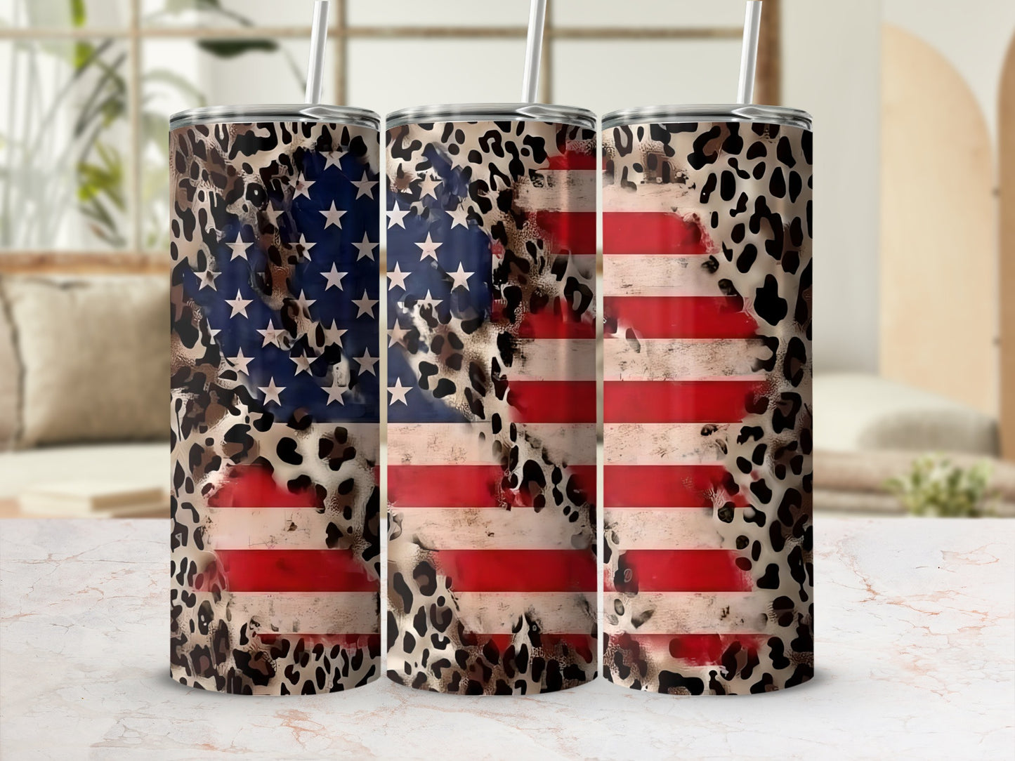 Leopard Print American Flag Pattern Tumbler 20oz