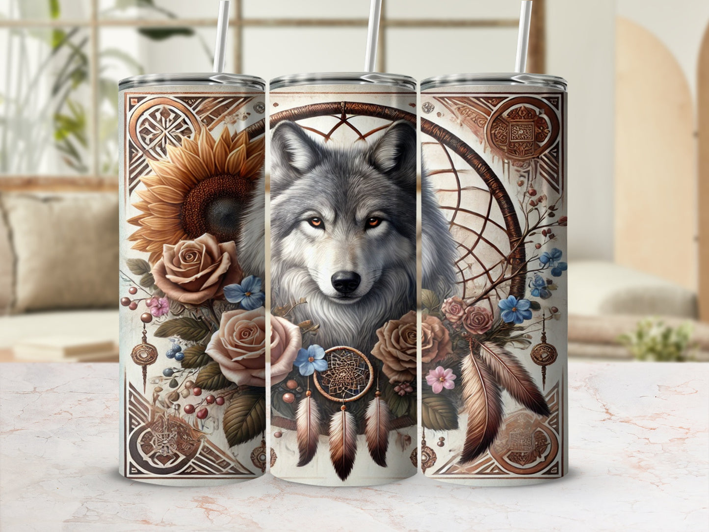 Wolf and Floral Artwork Dreamcatcher Design Tumblers