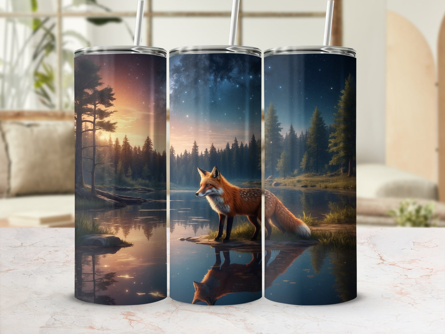 Fox by lake under starry sky on a tall cylindrical tumbler.