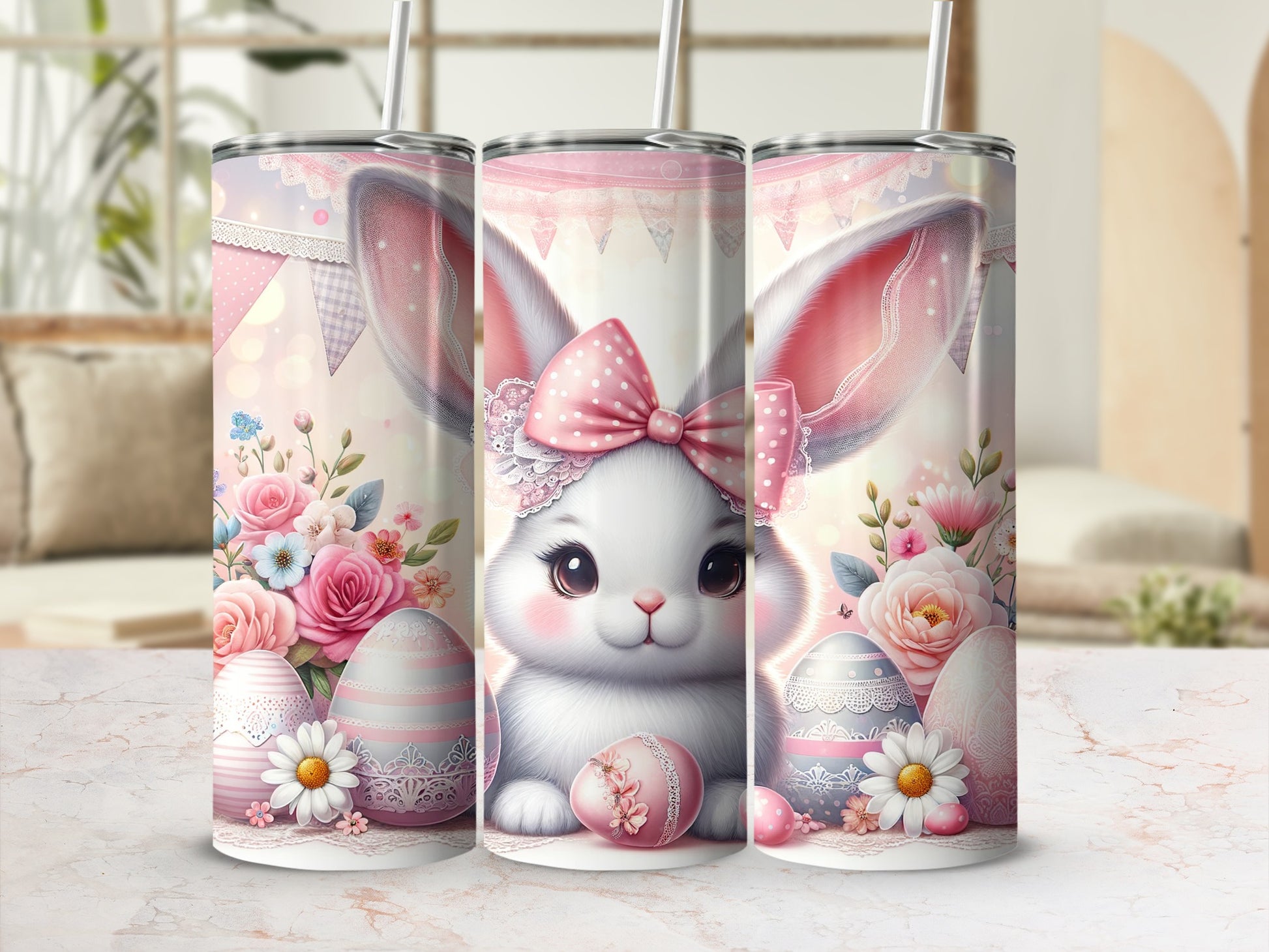 Easter bunny with pink bow, flowers, and decorated eggs on tumblers.