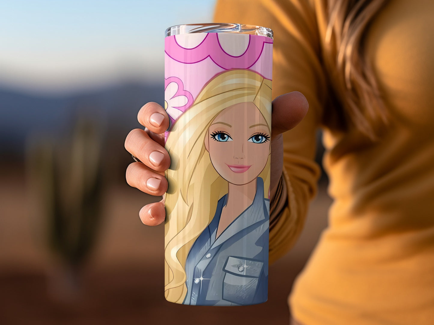 Stylish Pink Floral Tumbler with Doll Cartoon Design