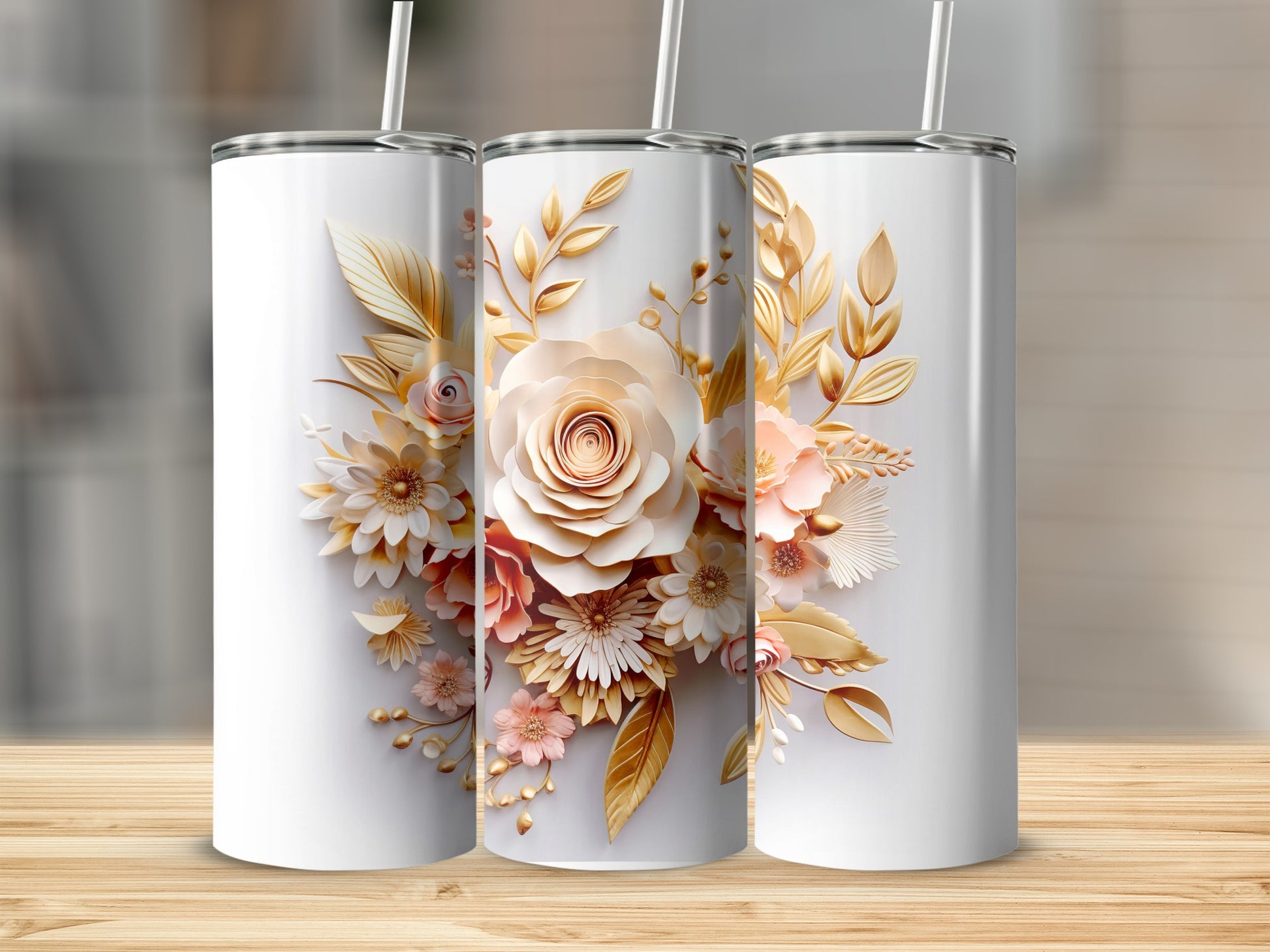 Elegant Floral Design White Tumbler Cup for Beverage
