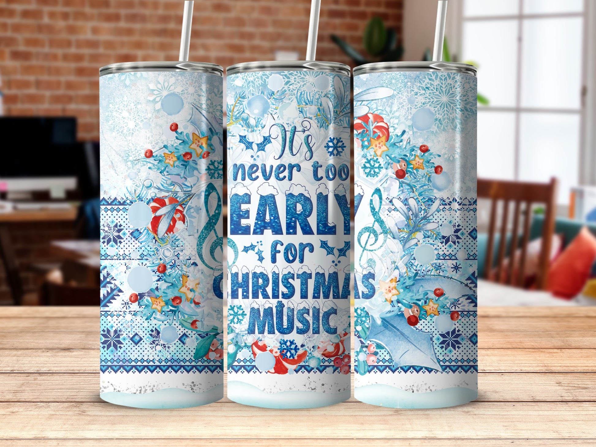 Winter blues snowflake music notes and Christmas ornaments on tumbler wrap.
