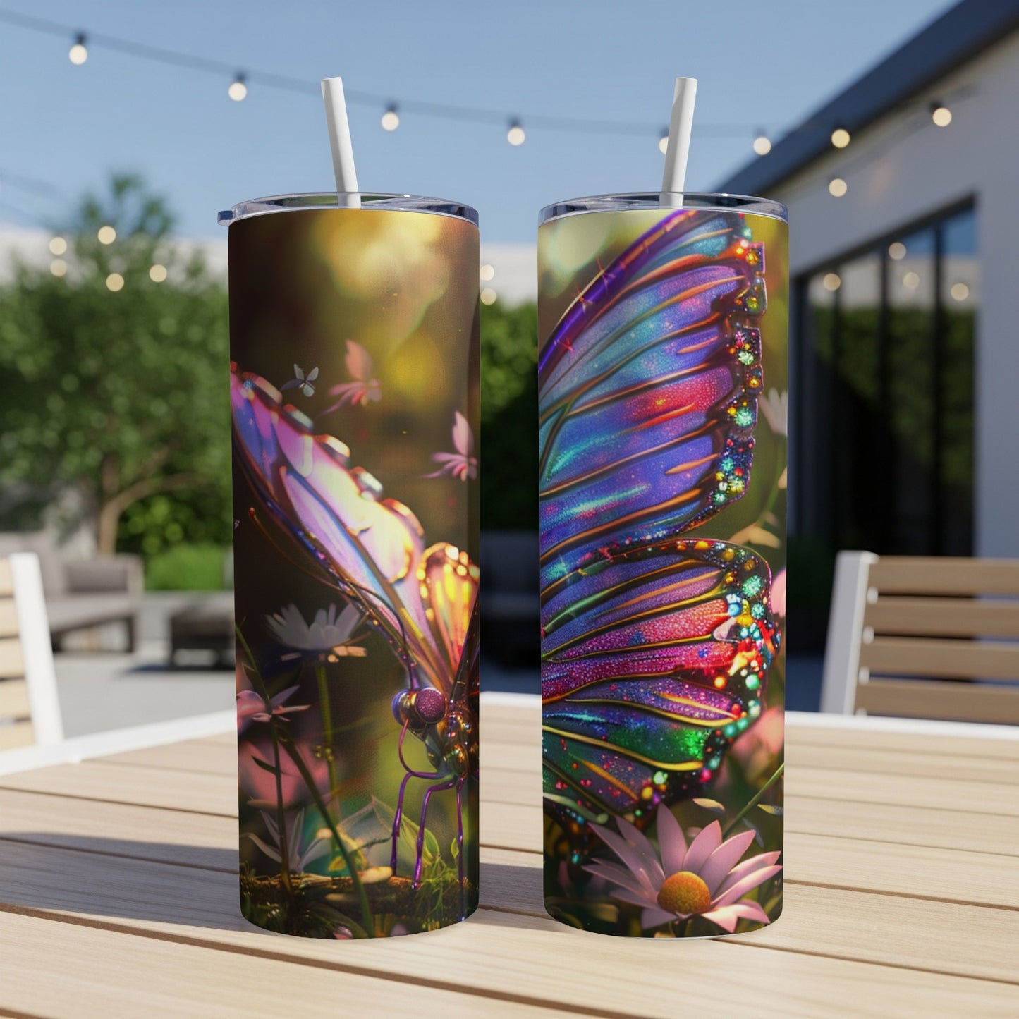 Two tumblers with vibrant, colorful butterfly designs on a blurred outdoor patio table.