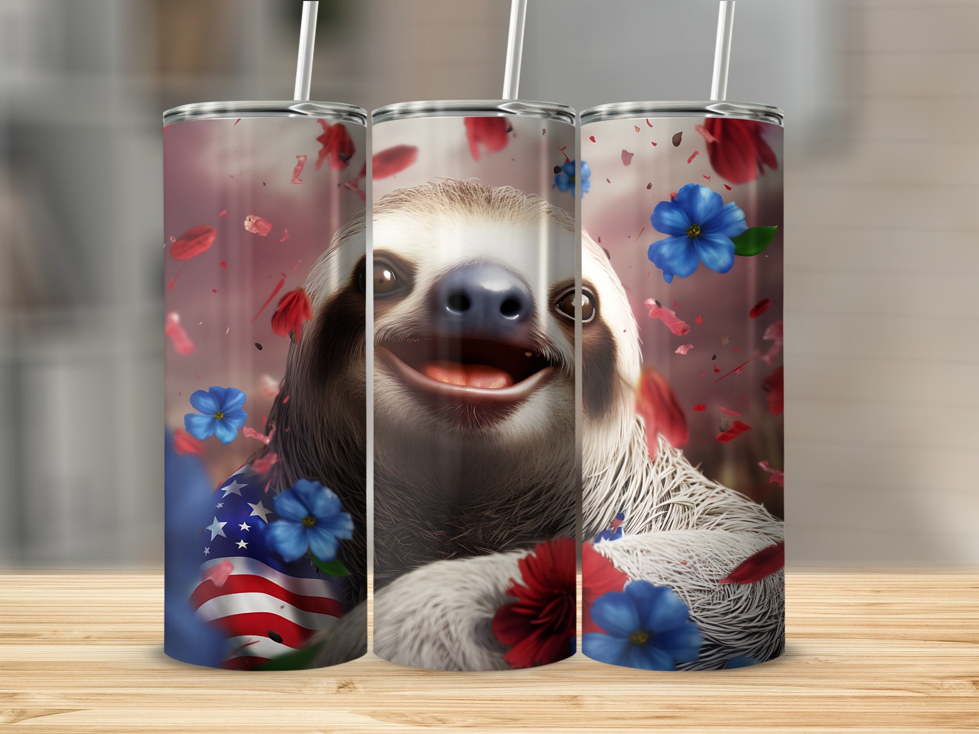 Three tumblers with a smiling sloth and American flag design.