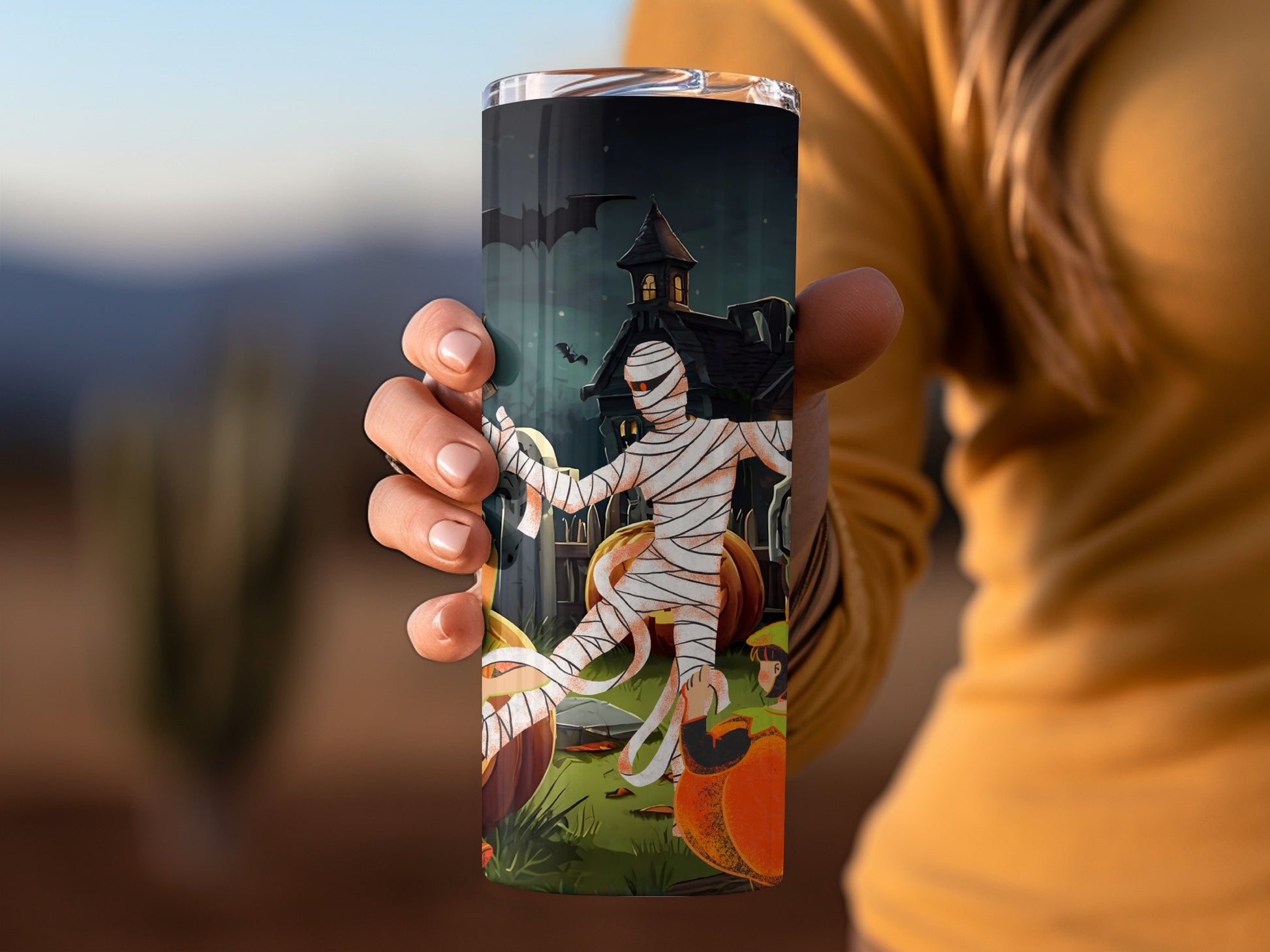 Halloween Mummy Tumbler with Spooky House Design