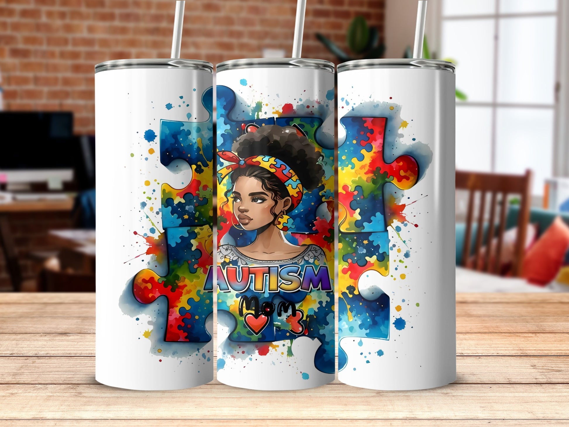 Autism Mom Tumbler with Colorful Puzzle Pieces Design