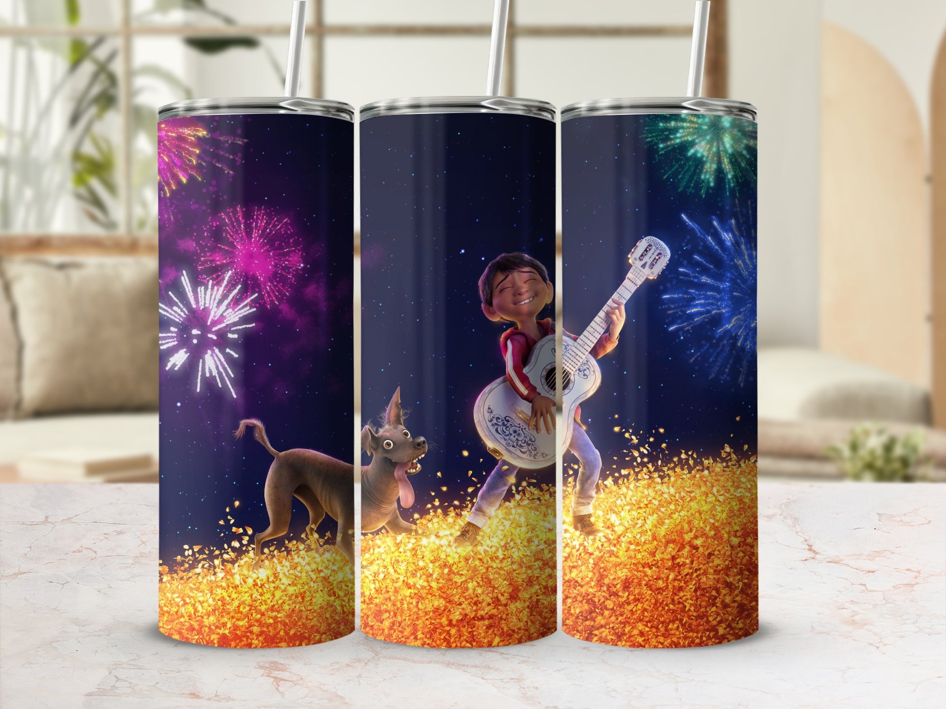 Fireworks Character Playing Guitar on Colorful Drink Tumbler